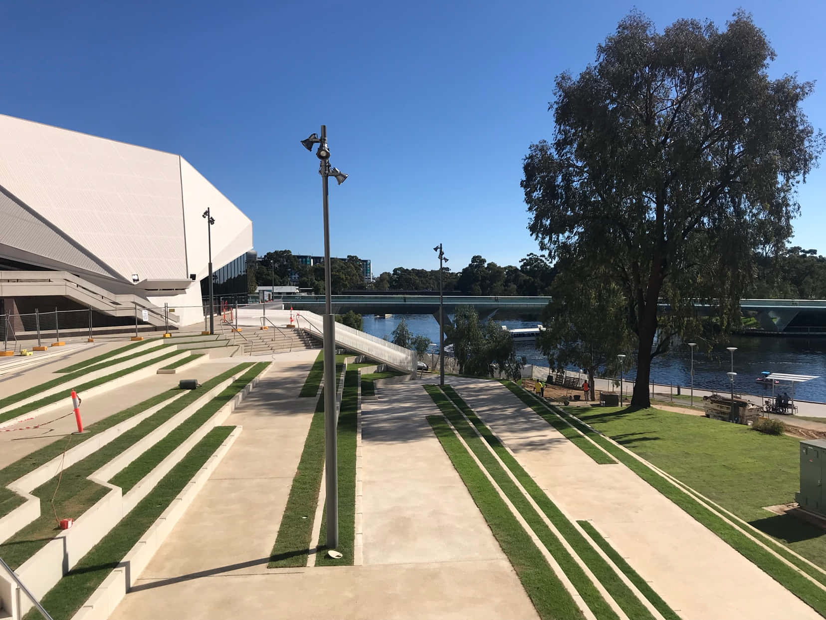 Adelaide Festival Centre, riverside view, modern concrete terraces, HD Desktop Wallpaper