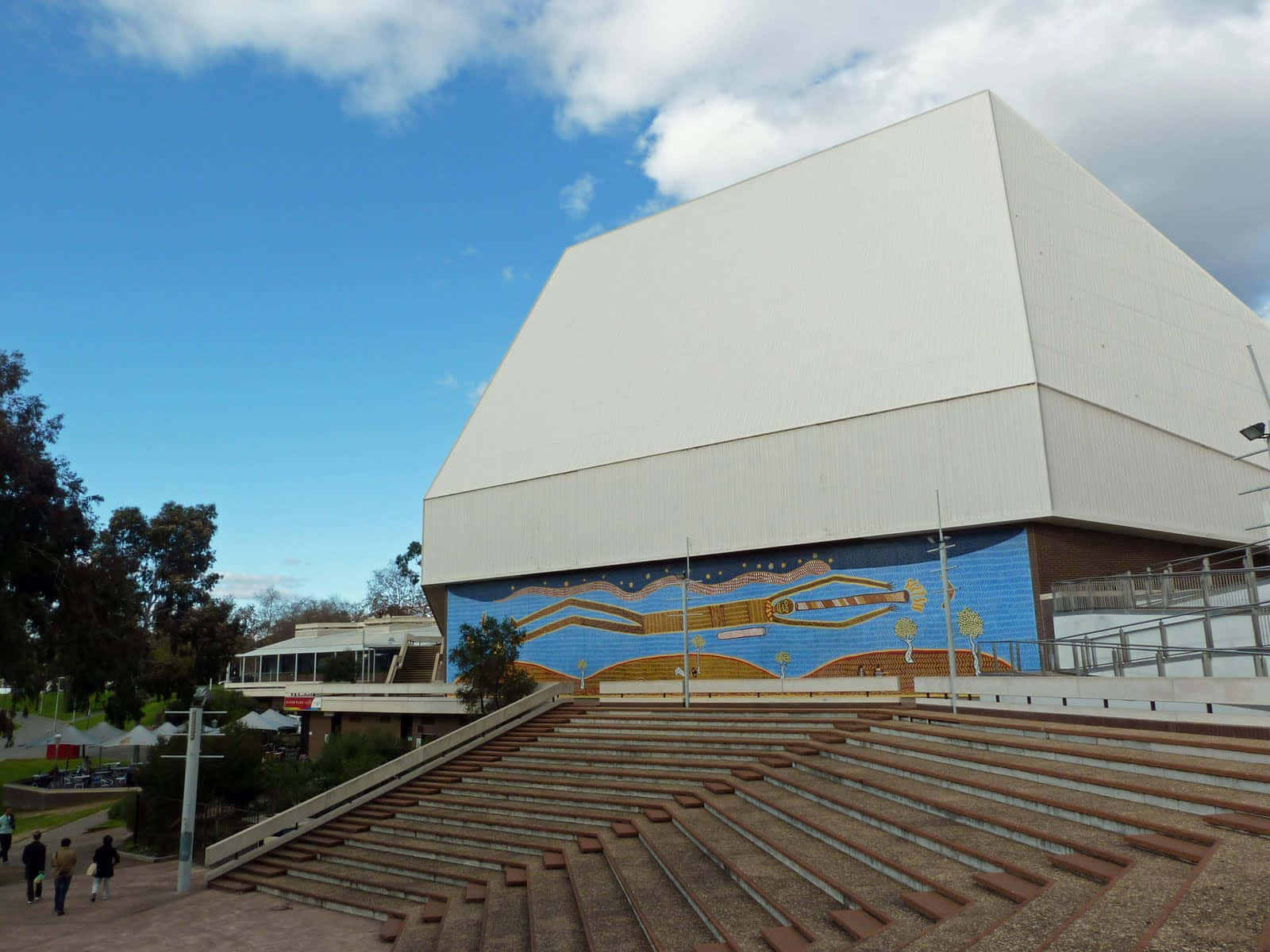 Adelaide Festival Centre, white angular building, colorful mural, HD Desktop Wallpaper