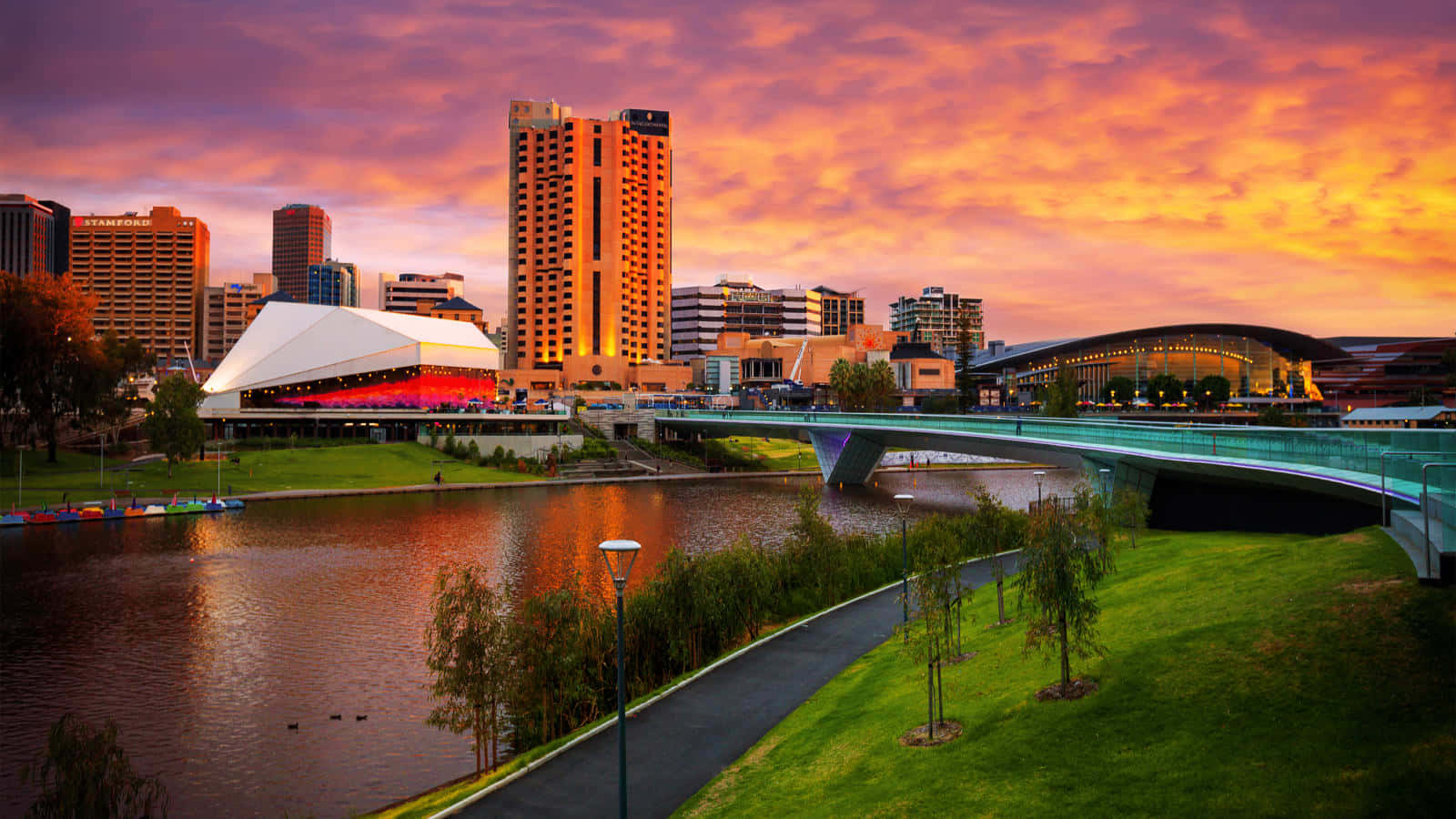 Adelaide Festival Centre, sunset, skyline, HD Desktop Wallpaper