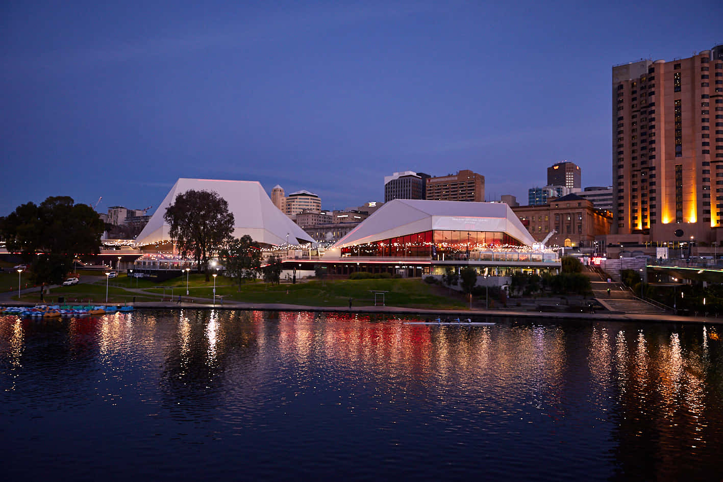 Adelaide Festival Centre, dusk view, modern angular buildings, HD Desktop Wallpaper