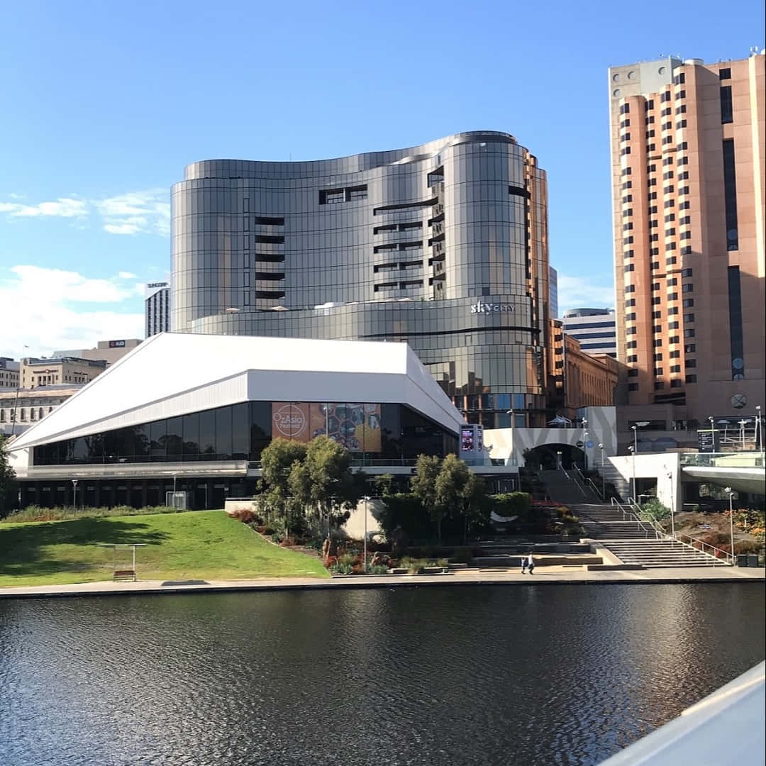 Adelaide Festival Centre, riverside view, modern glass skyscraper, SD Desktop Wallpaper