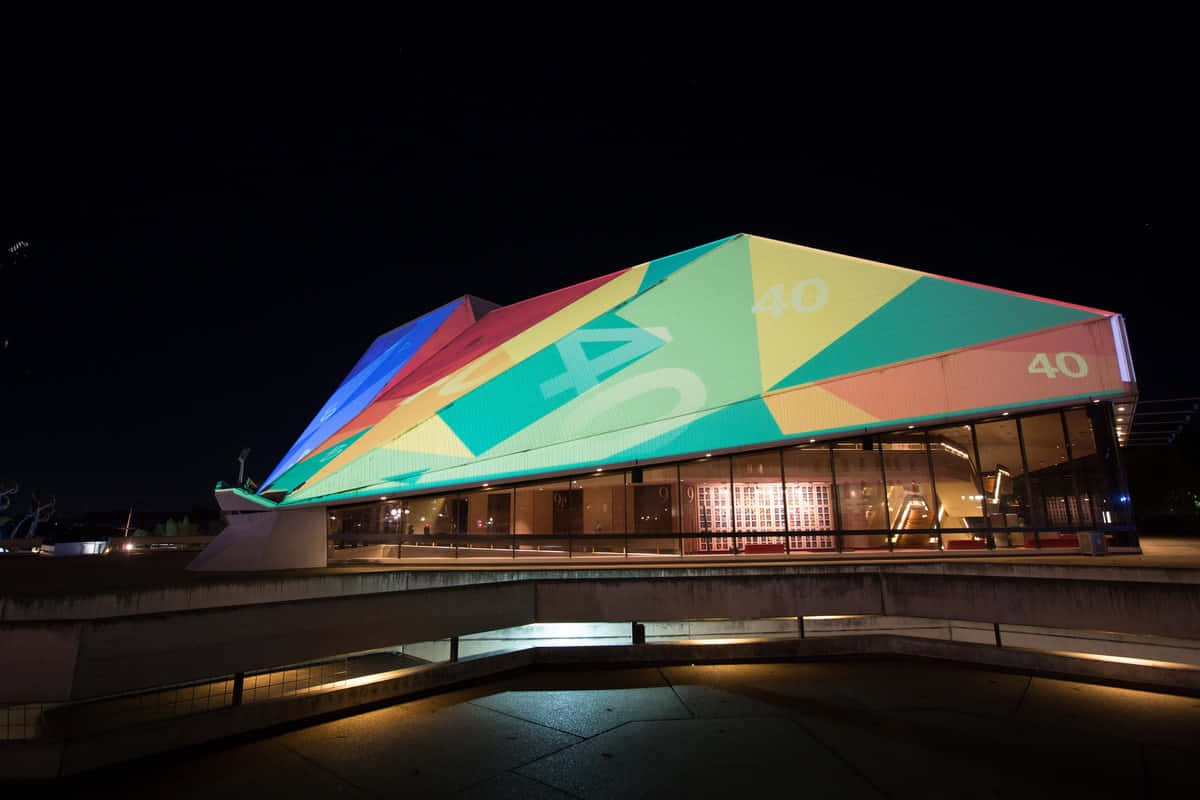 Adelaide Festival Centre, nighttime illumination, vibrant rainbow projection, SD Desktop Wallpaper