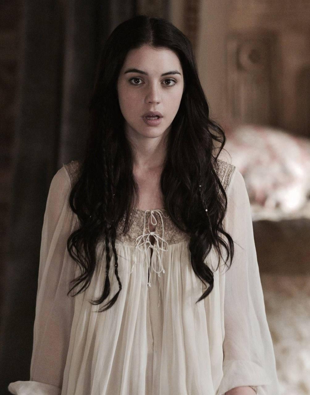 Adelaide Kane, cream nightgown, dimly lit rustic bedroom, HD Phone Wallpaper