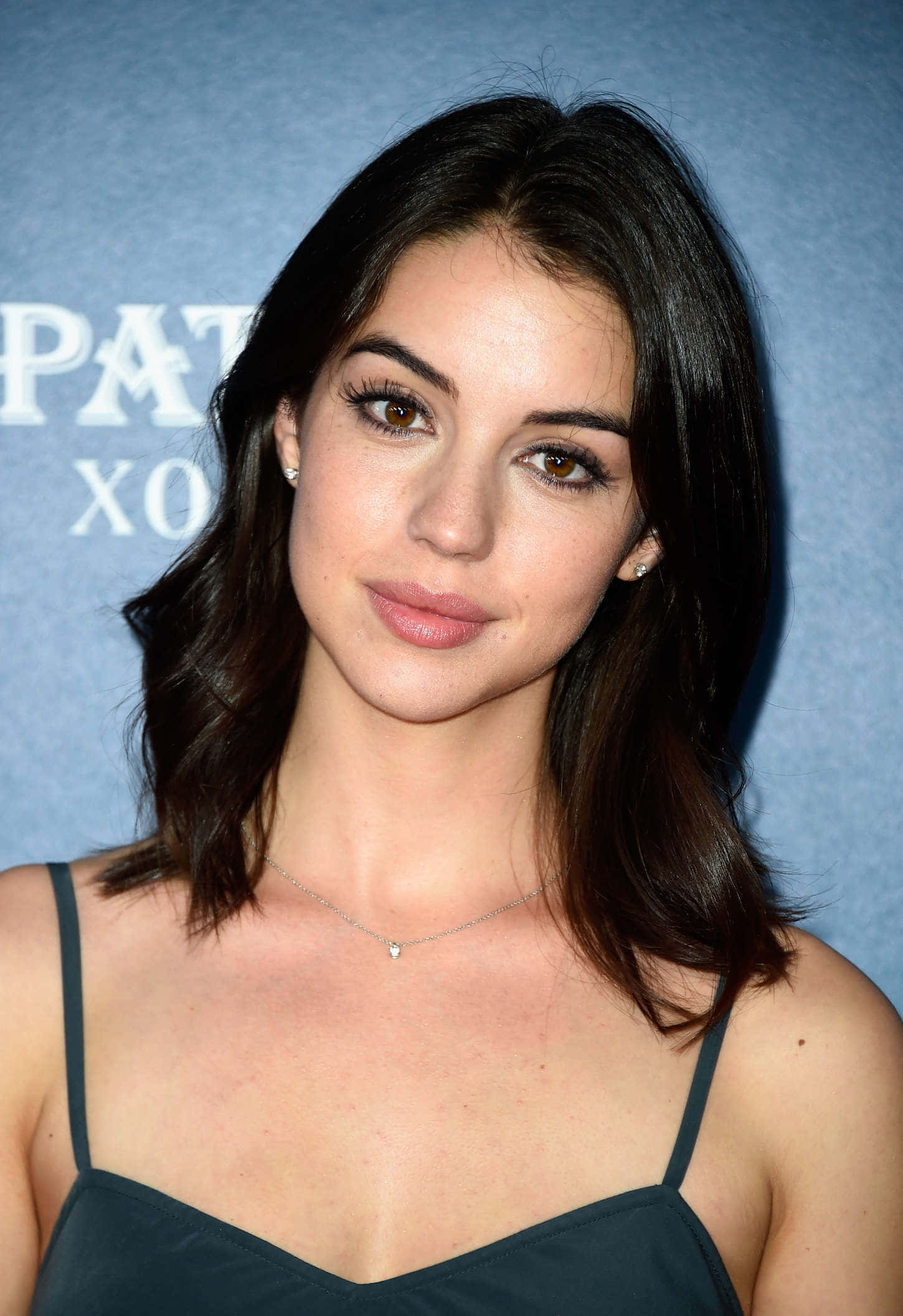 Adelaide Kane, blue branded backdrop, dark wavy hair, Full HD Phone Wallpaper