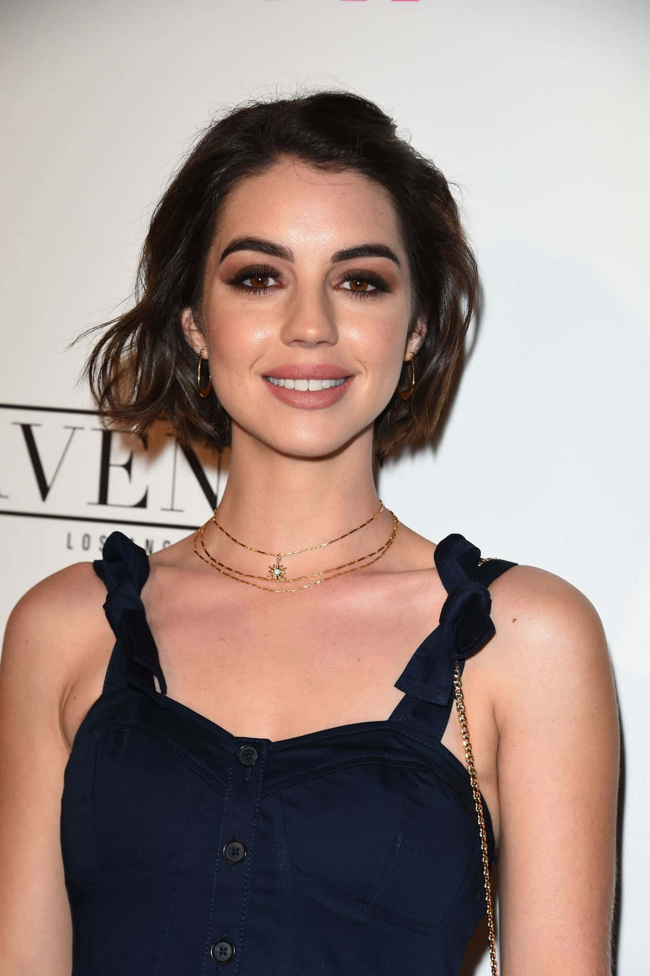 Adelaide Kane, navy blue top, ruffled straps, Full HD Phone Wallpaper