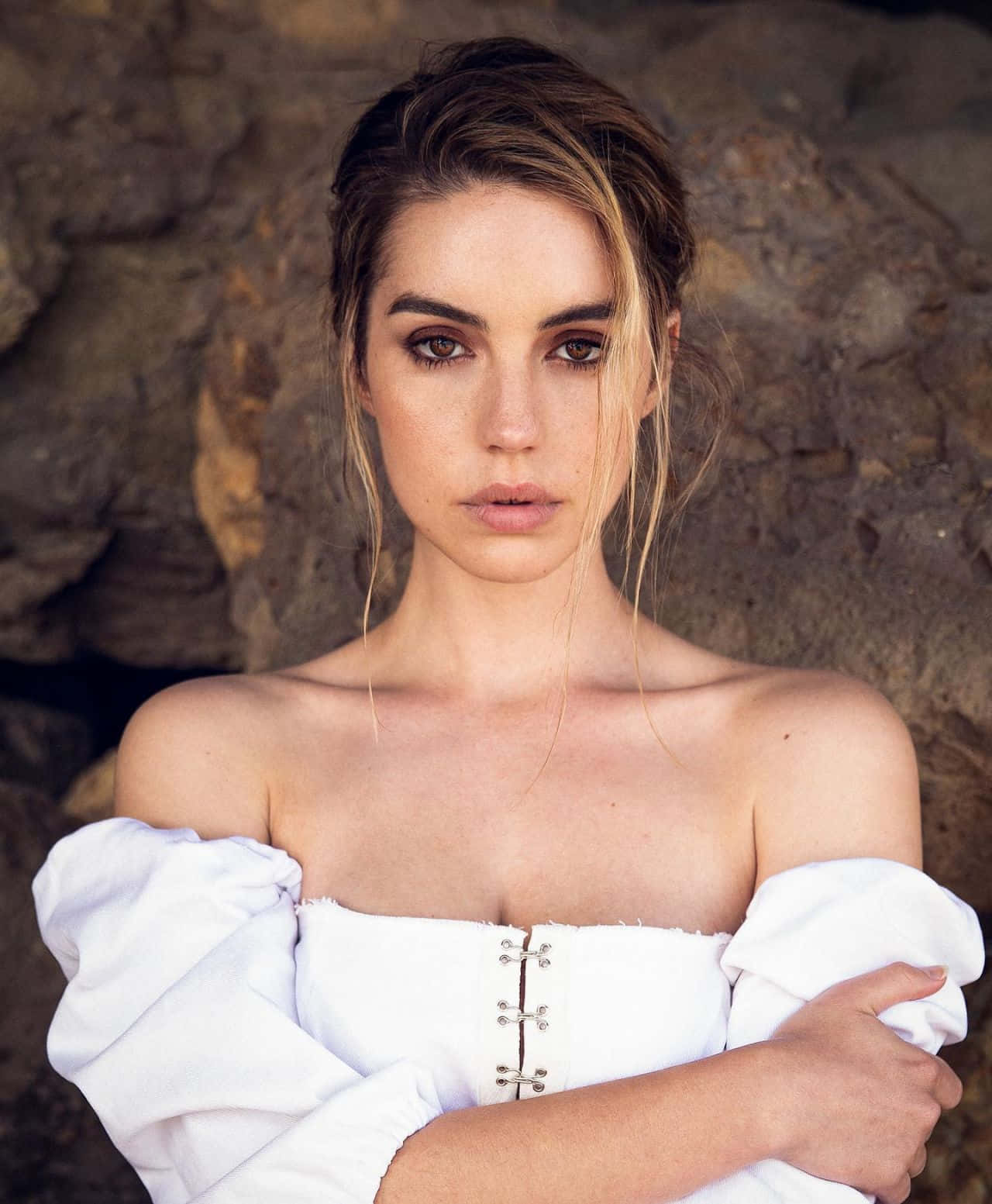 Adelaide Kane, white off-shoulder blouse, rugged rock wall, HD Phone Wallpaper