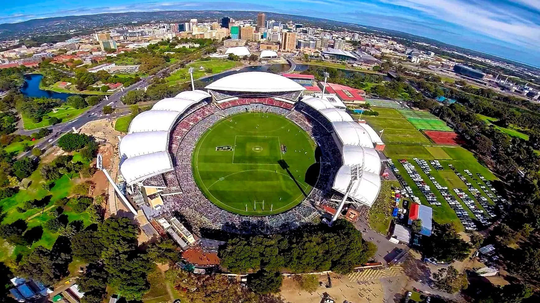 Adelaide Oval, white-domed stadium, vibrant green football field, HD Desktop Wallpaper