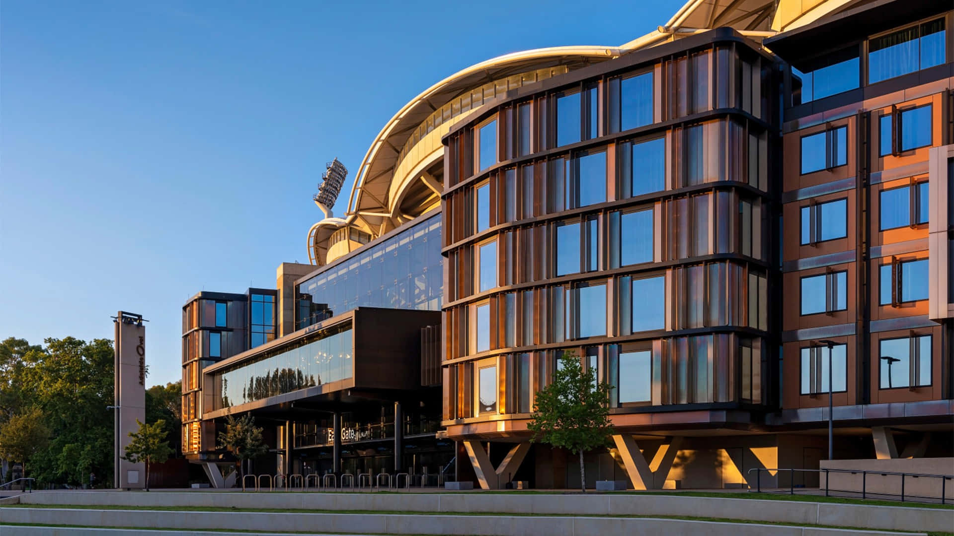 Adelaide Oval, modern glass and wood building, curved architecture, Full HD Desktop Wallpaper