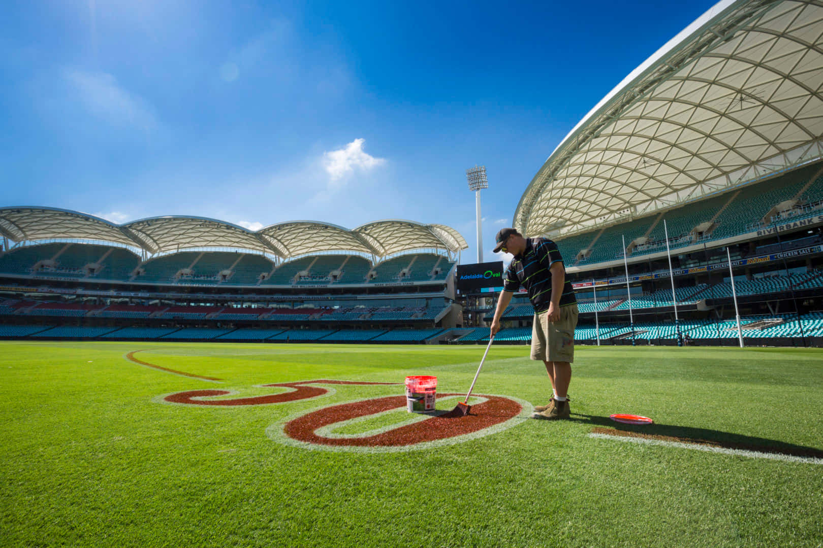 Adelaide Oval, red logo, vibrant green turf, HD Desktop Wallpaper