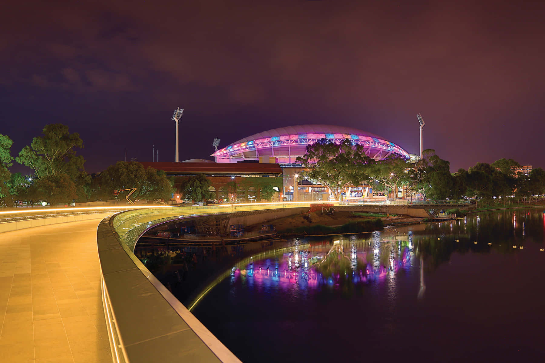 Adelaide Oval, pink and blue lights, calm water, HD Desktop Wallpaper