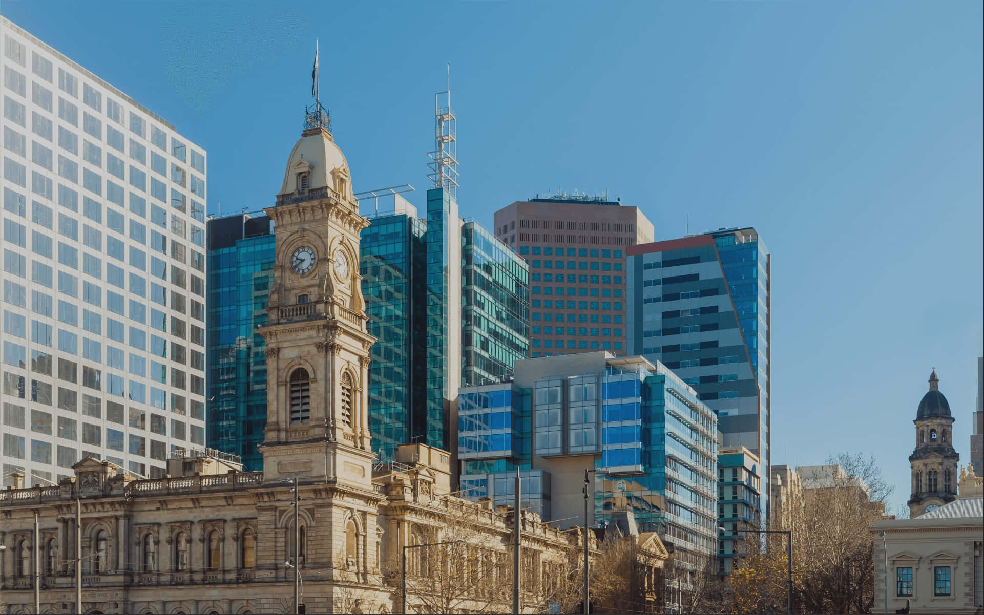 Adelaide, clock tower, modern glass skyscrapers, Full HD Desktop Wallpaper