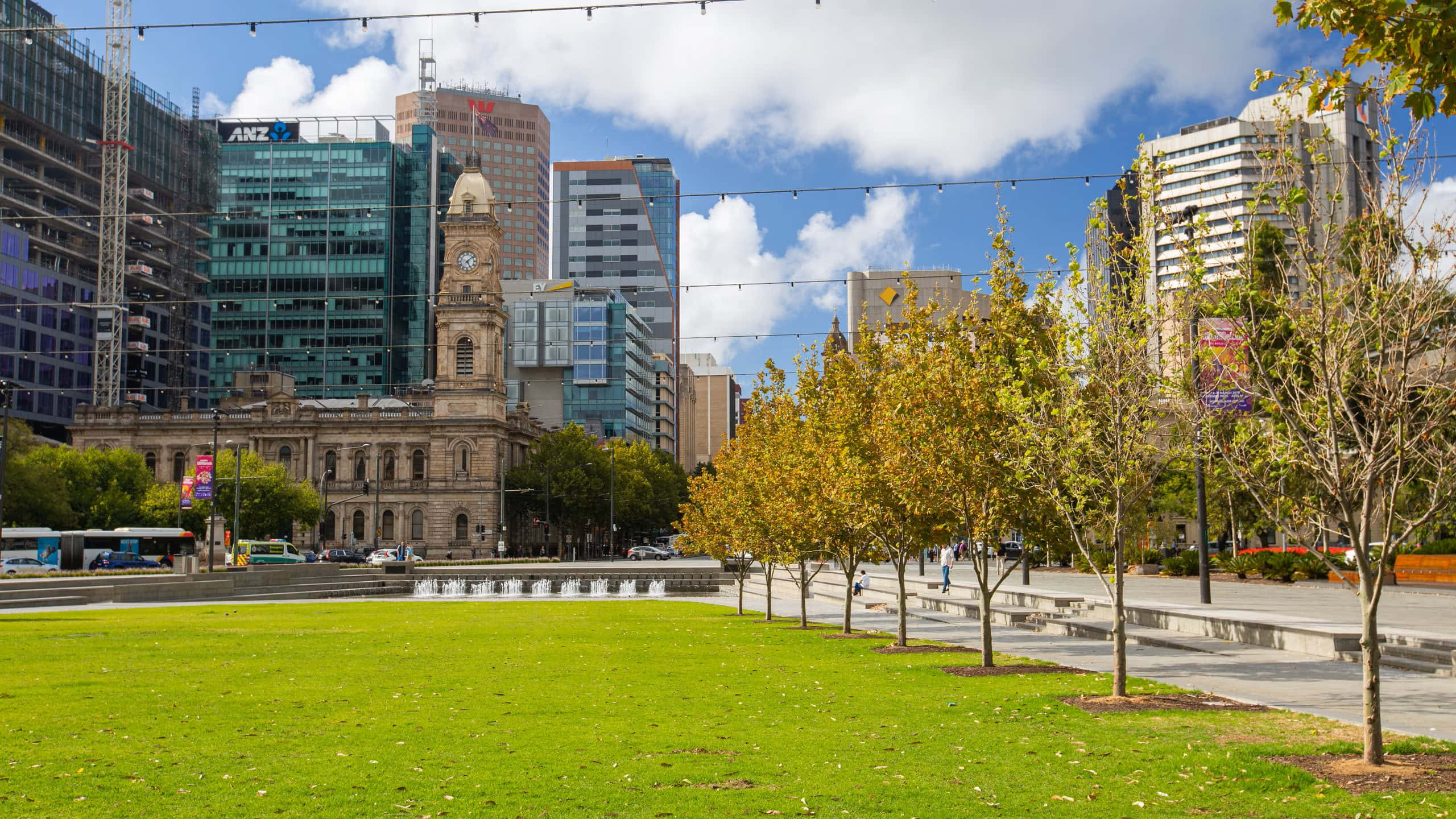Adelaide Victoria Square, modern skyscrapers, historic clock tower, 2K Desktop Wallpaper