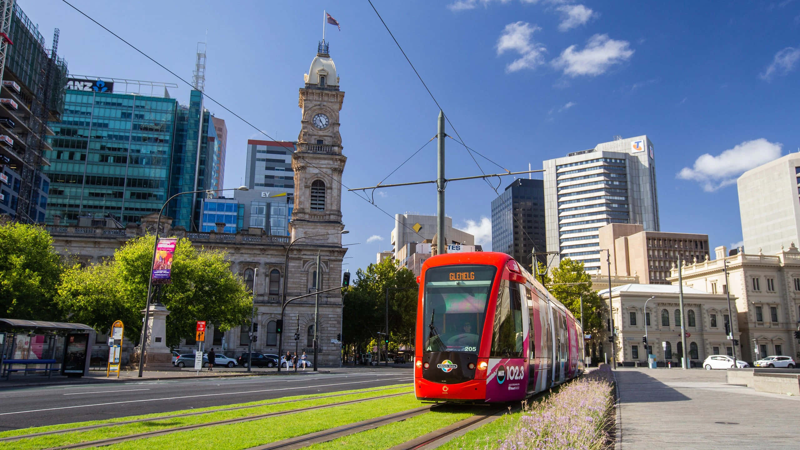 Adelaide Victoria Square, red tram, historic buildings, 2K Desktop Wallpaper