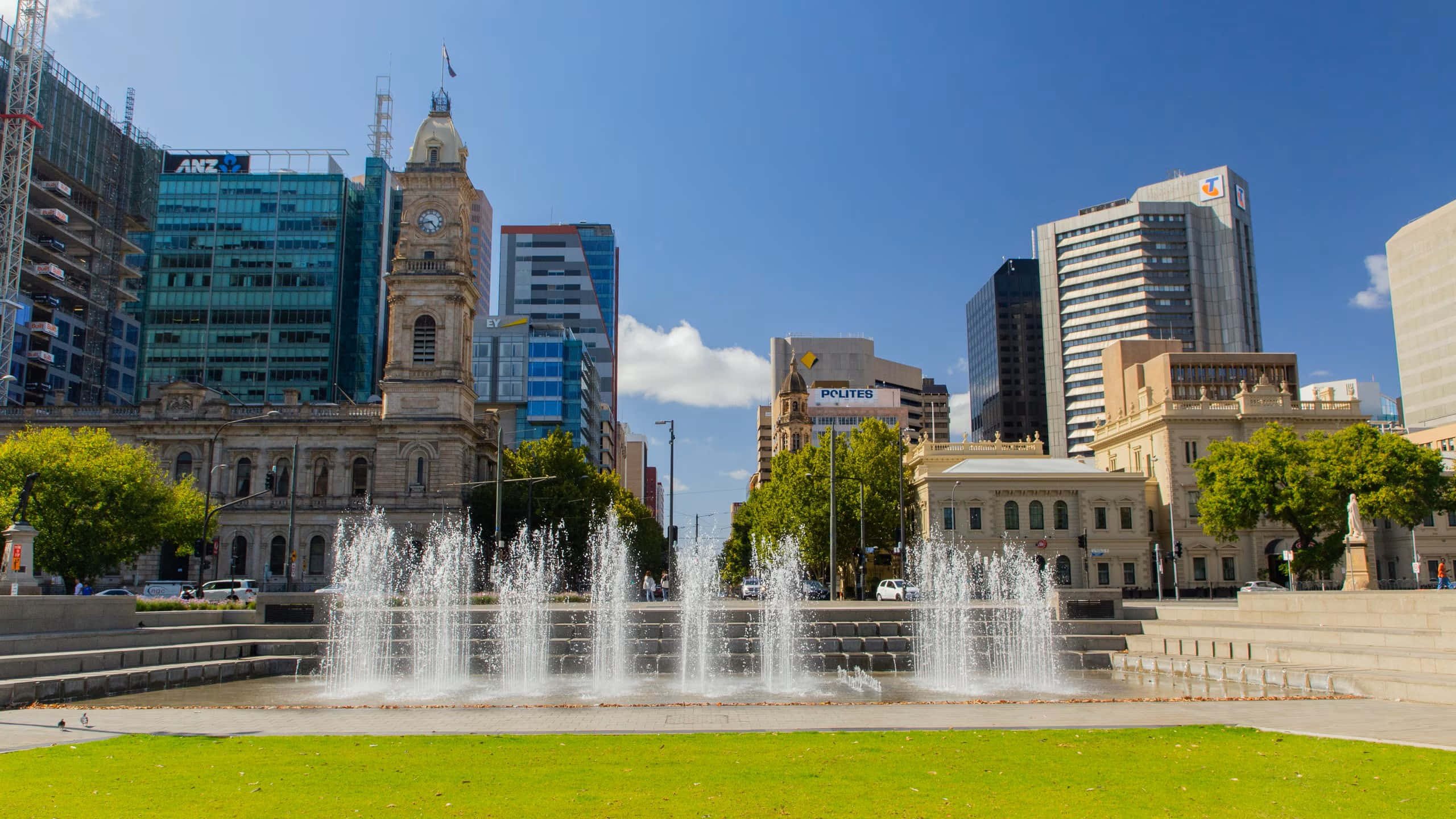 Adelaide Victoria Square, fountain, historic clock tower, 2K Desktop Wallpaper