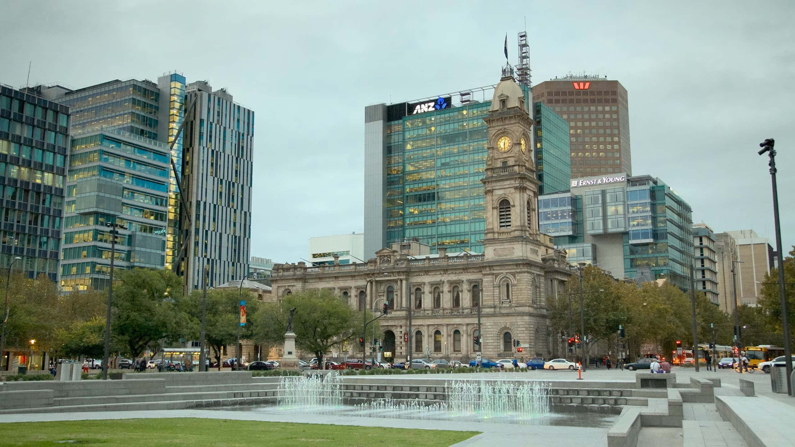 Adelaide Victoria Square, historic clock tower, modern glass skyscrapers, 2K Desktop Wallpaper