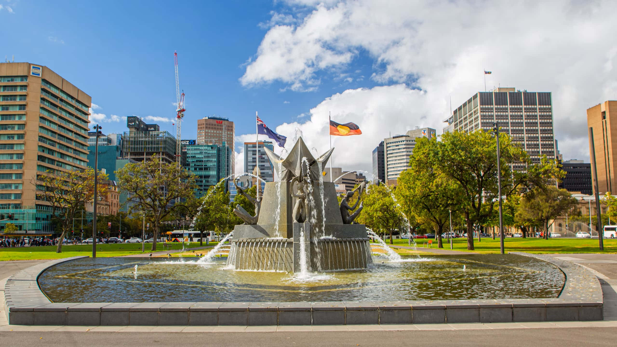 Adelaide Victoria Square, fountain, sculpted figures, 2K Desktop Wallpaper