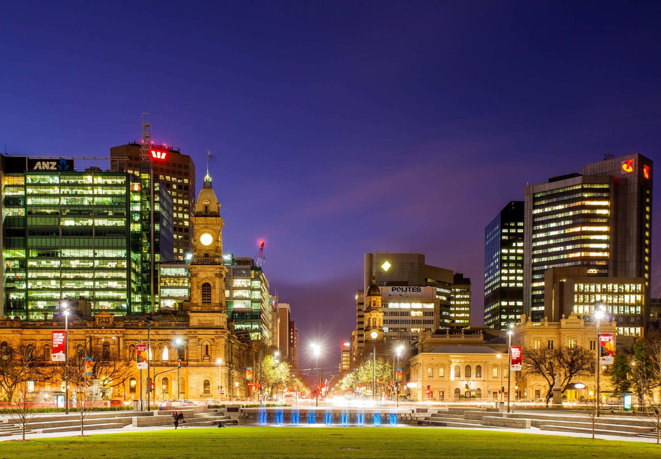 Adelaide Victoria Square, dusk, illuminated skyscrapers, Full HD Desktop Wallpaper