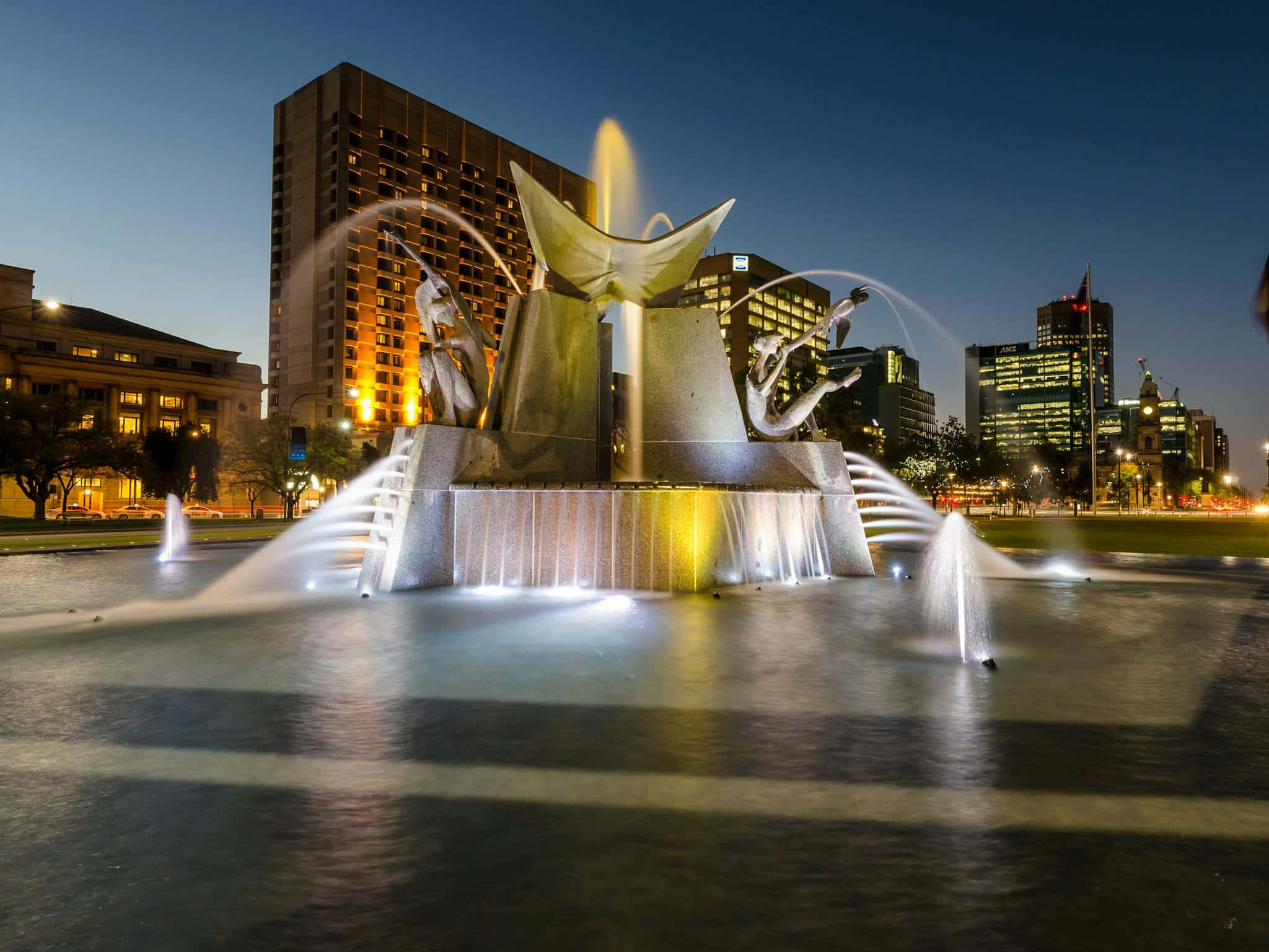 Adelaide Victoria Square, fountain, dusk, Full HD Desktop Wallpaper