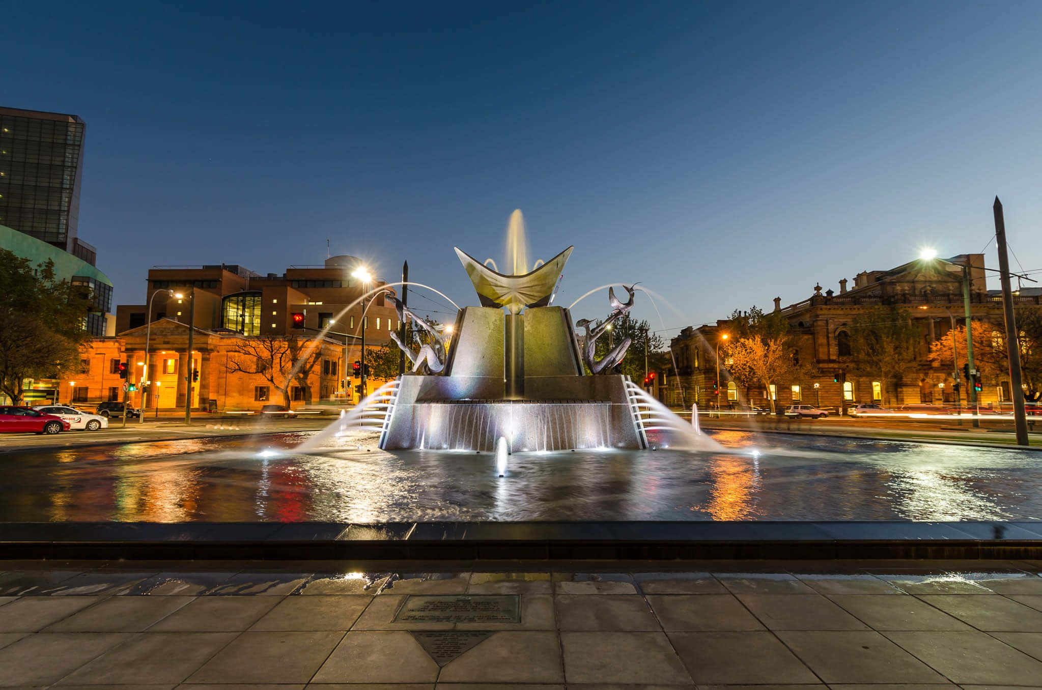 Adelaide Victoria Square, fountain, twilight sky, Full HD Desktop Wallpaper
