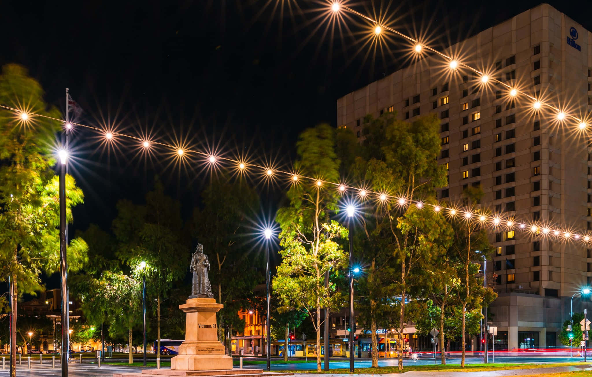Adelaide Victoria Square, night view, string lights, Full HD Desktop Wallpaper