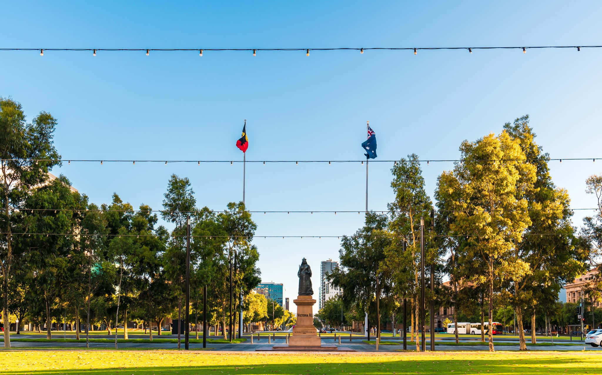 Adelaide Victoria Square, statue, flags, Full HD Desktop Wallpaper