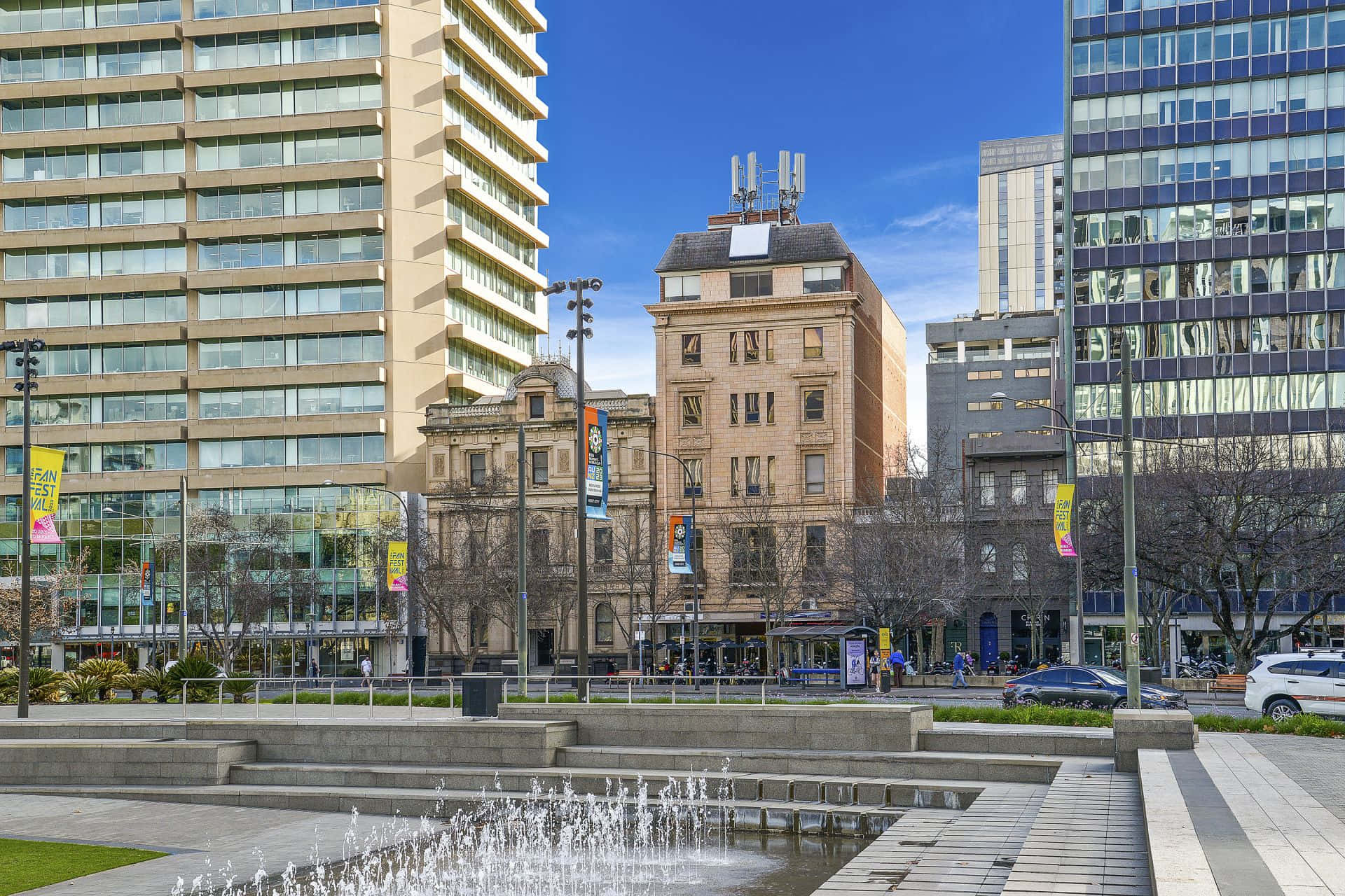 Adelaide Victoria Square, urban plaza, central fountain, Full HD Desktop Wallpaper