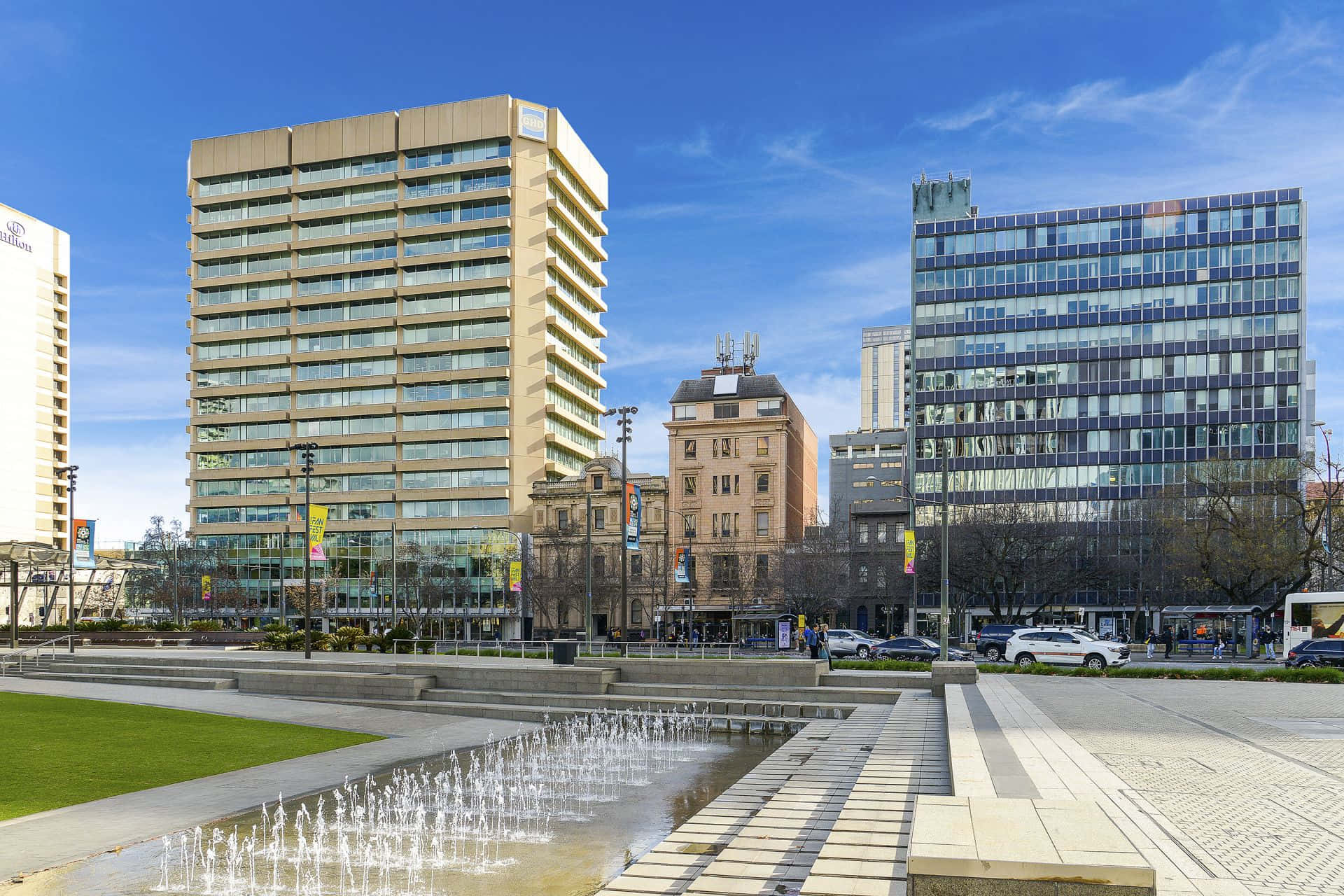 Adelaide Victoria Square, urban landscape, modern glass skyscrapers, Full HD Desktop Wallpaper