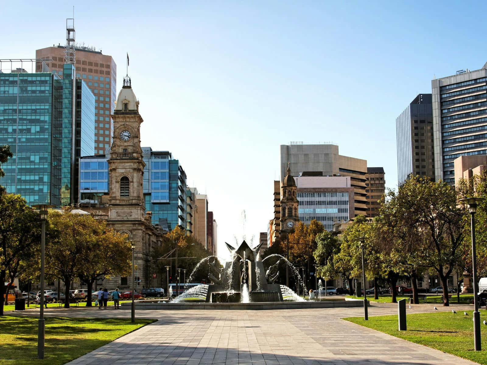 Adelaide Victoria Square, fountain, sunlit city plaza, HD Desktop Wallpaper