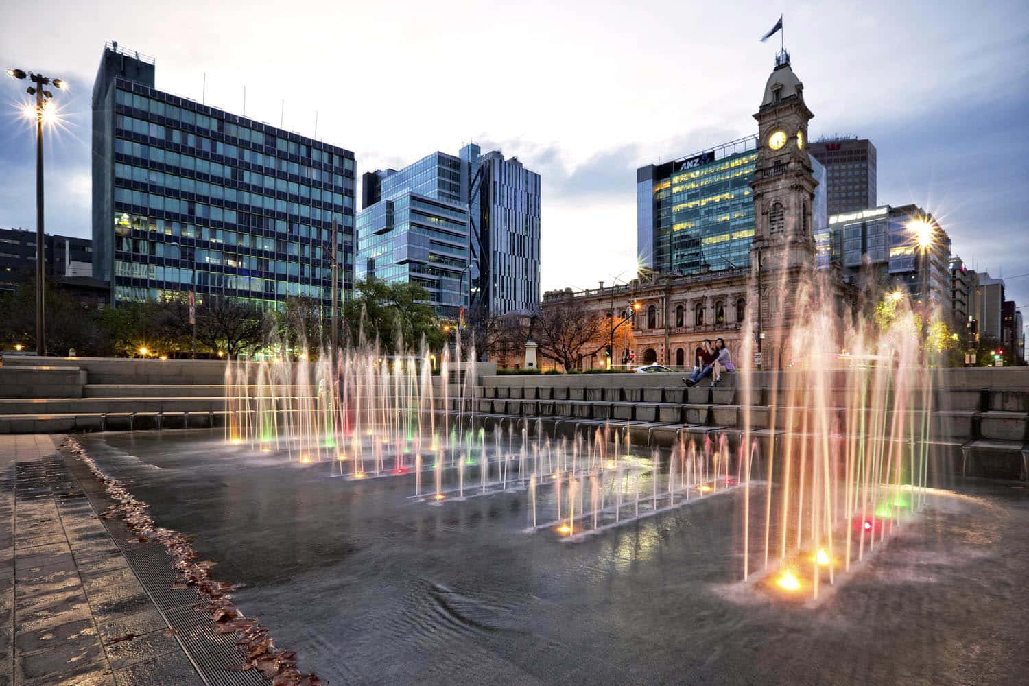 Adelaide Victoria Square, fountain, dusk, HD Desktop Wallpaper