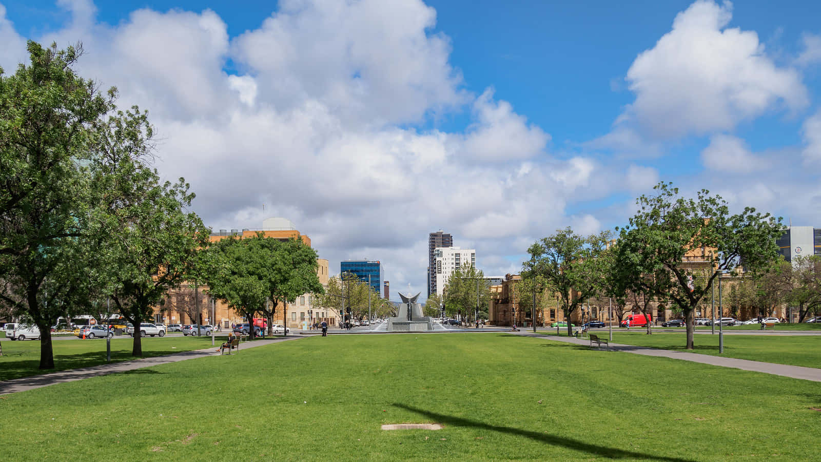 Adelaide Victoria Square, vibrant green park, city skyline, HD Desktop Wallpaper