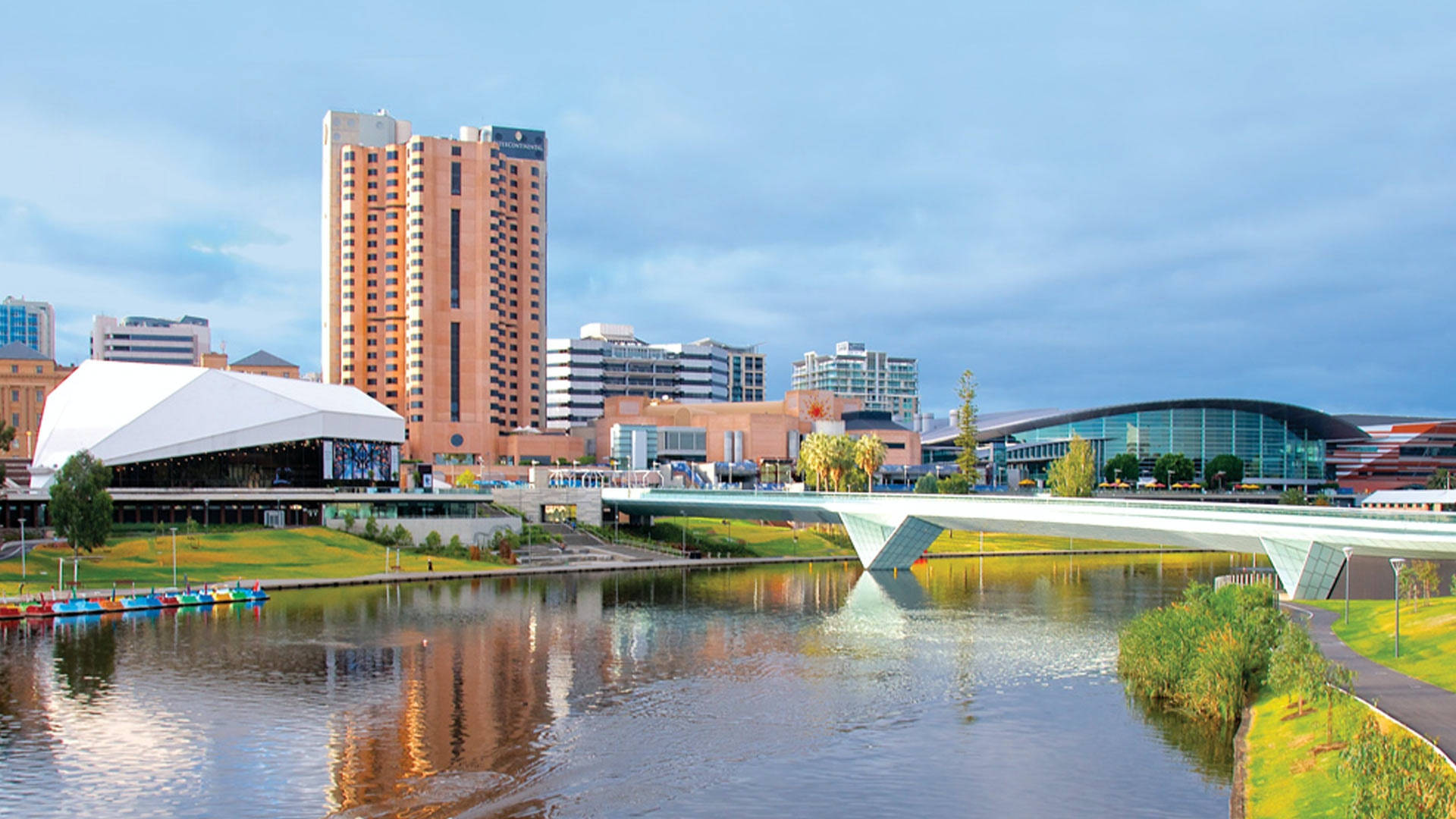 Adelaide, city center, sleek white bridge, Full HD Desktop Wallpaper