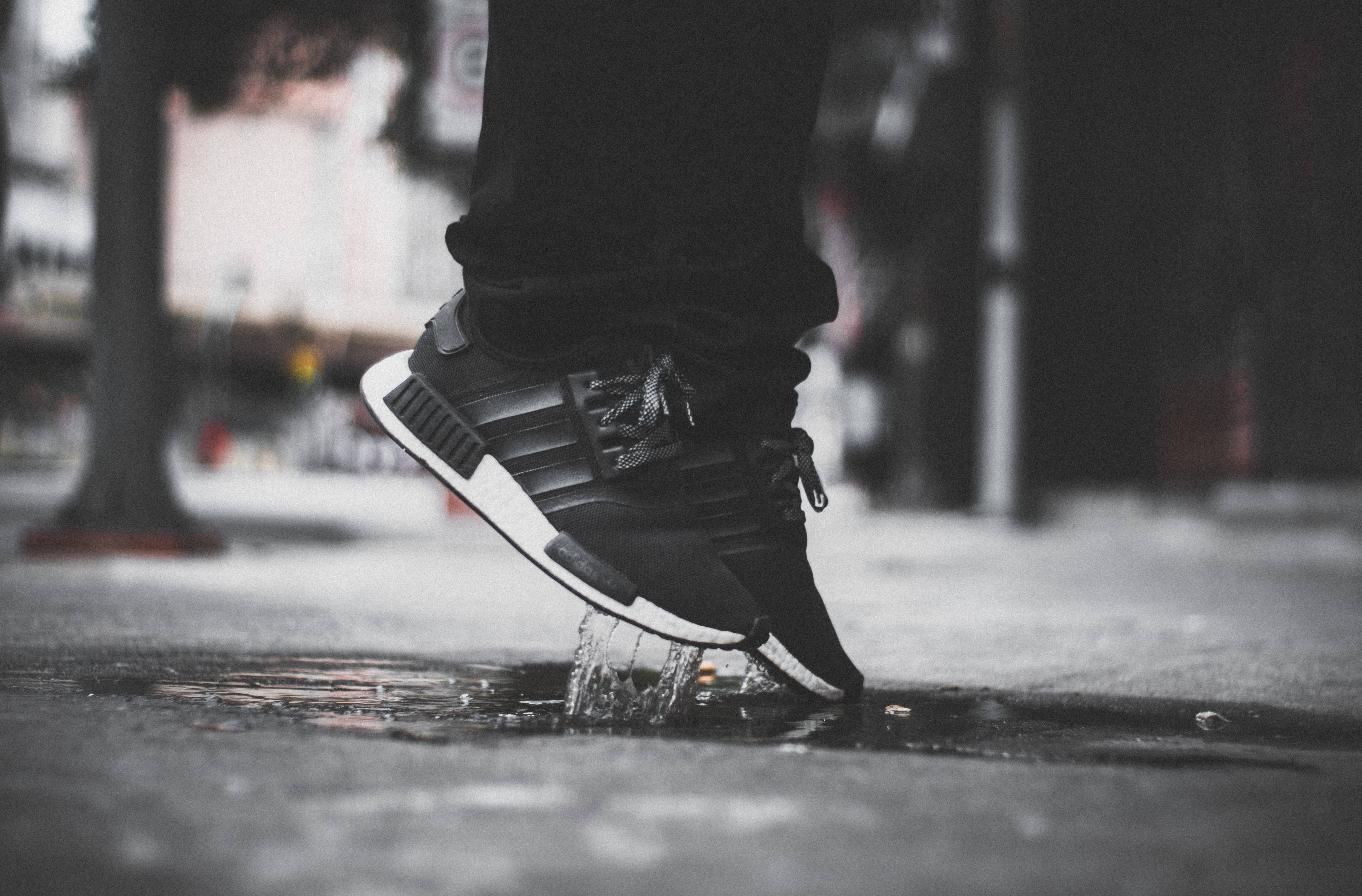 Adidas, black sneakers, puddle, 5K Desktop Wallpaper
