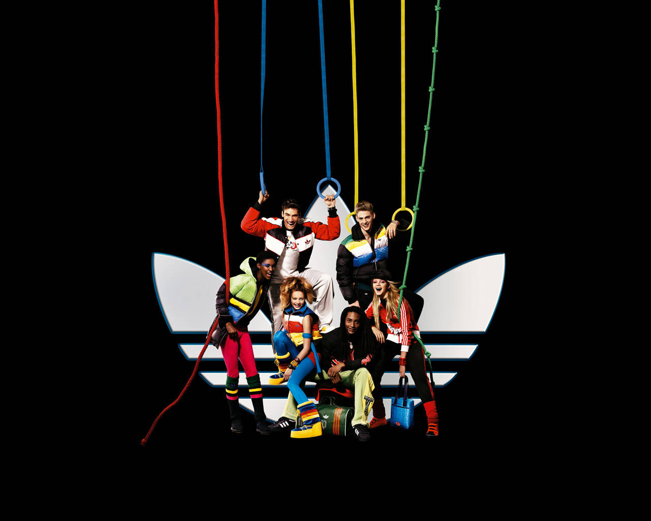 adidas, giant white adidas logo, colorful retro sportswear, HD Desktop Wallpaper