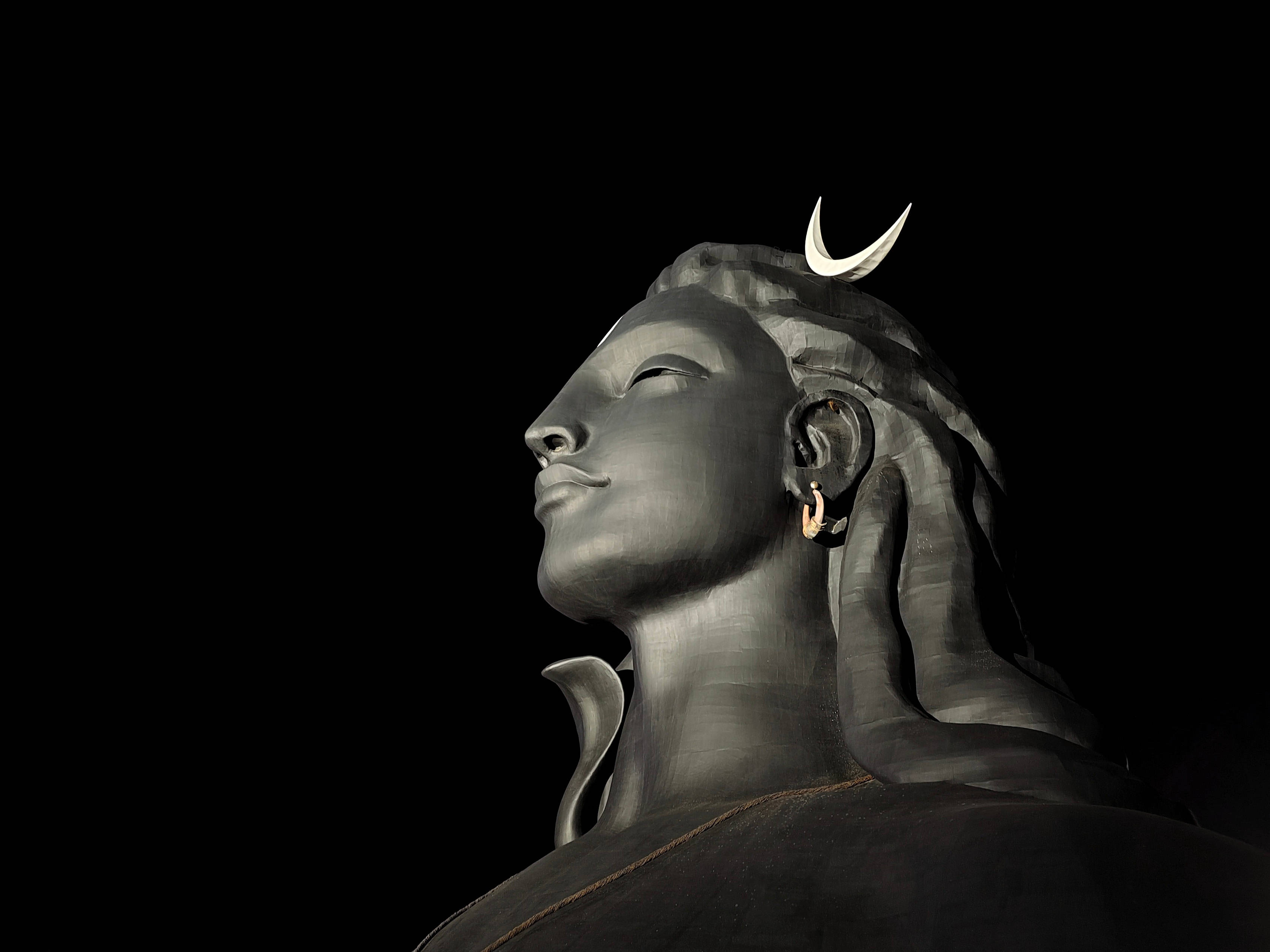 Adiyogi Shiva, black statue, crescent moon, 2K Desktop Wallpaper