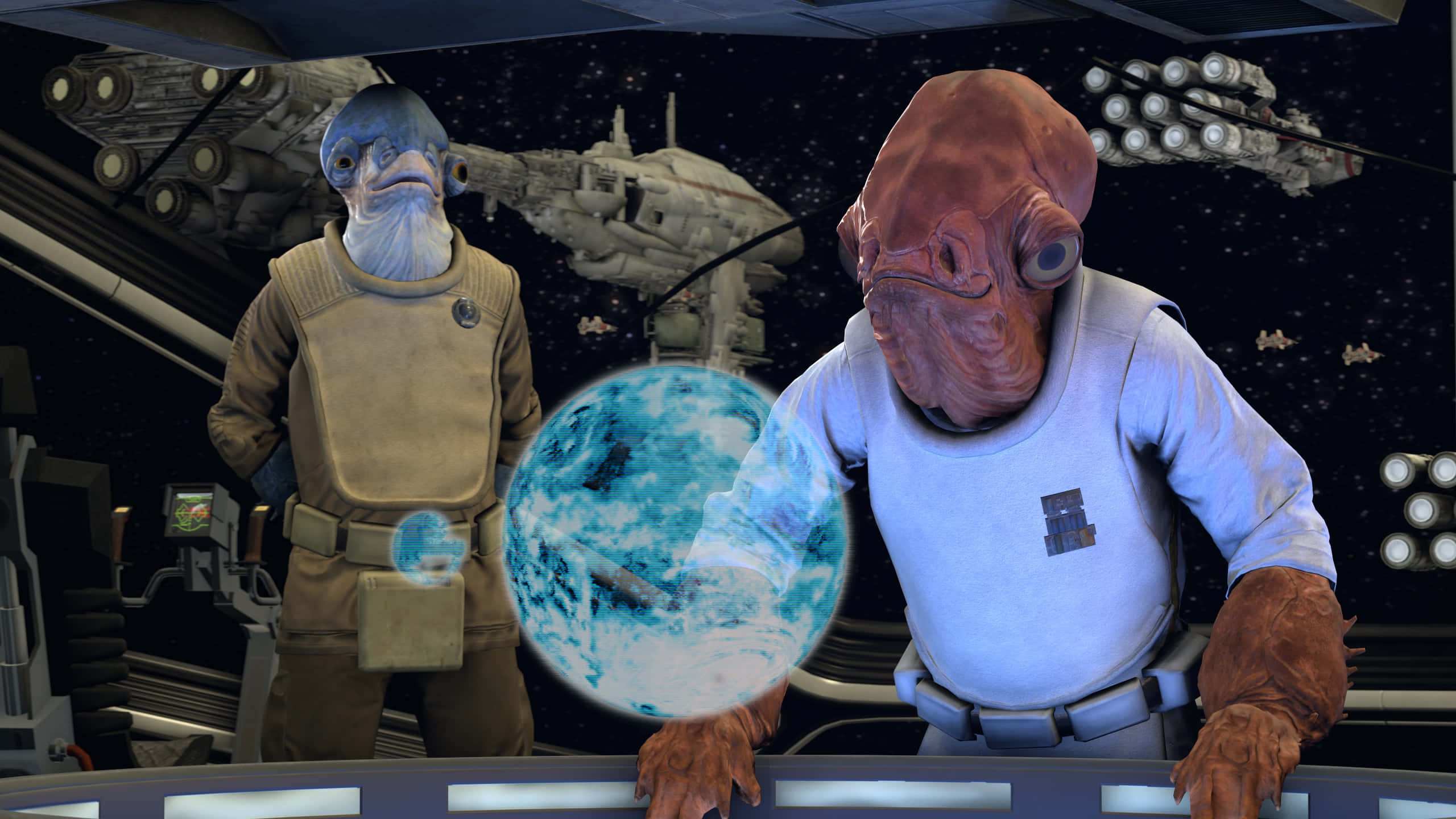 Admiral Ackbar, spaceship cockpit, glowing blue planet, 2K Desktop Wallpaper