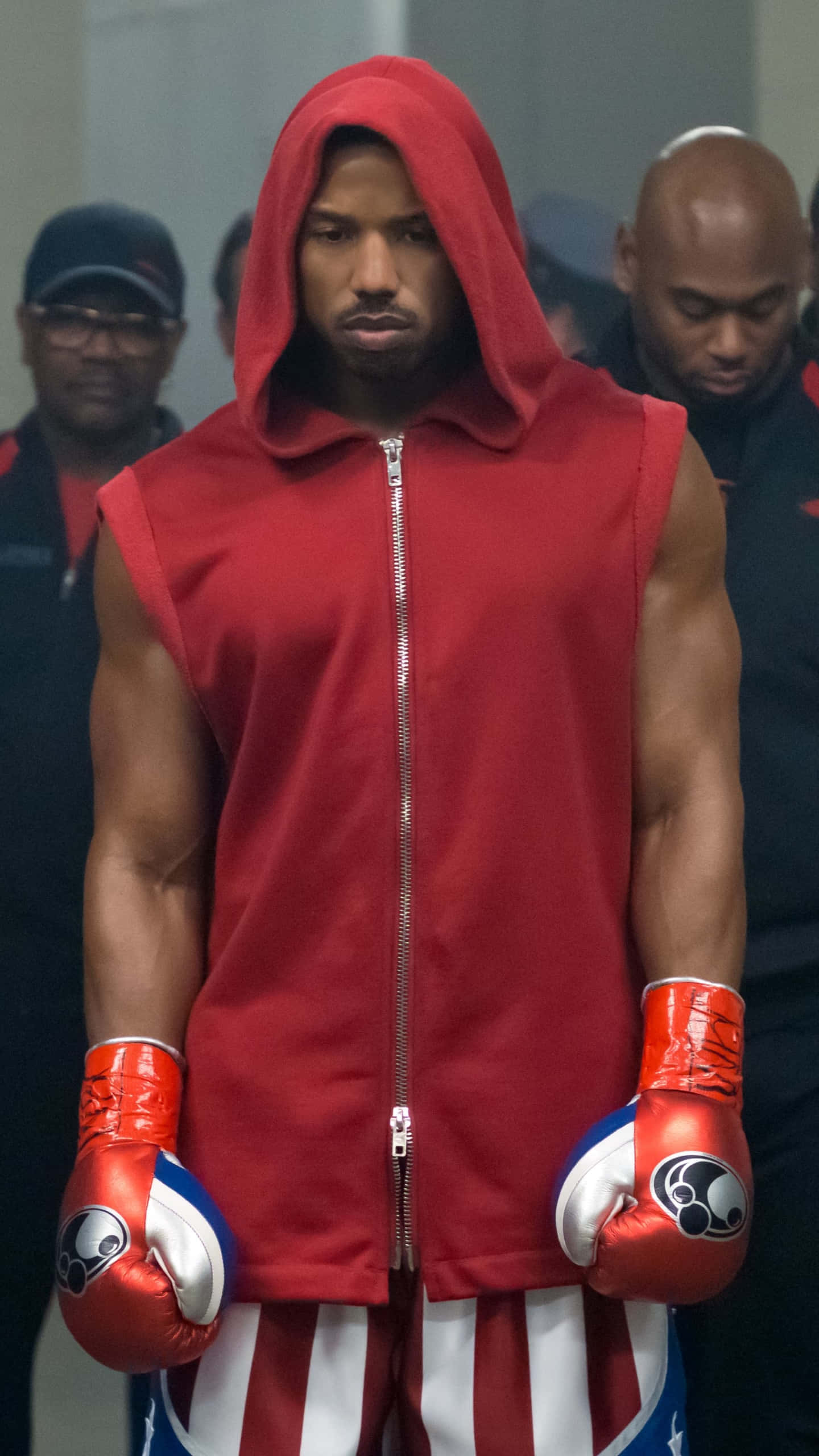 Adonis Creed, red hooded sleeveless jacket, red white blue boxing gloves, 2K Phone Wallpaper