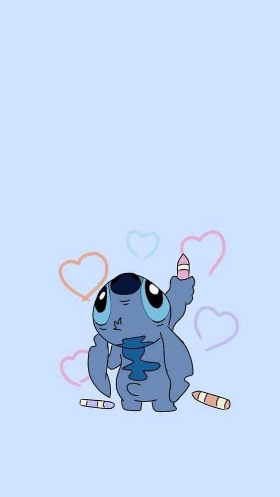 Adorable Stitch, blue alien character, colorful hearts, SD Phone Wallpaper