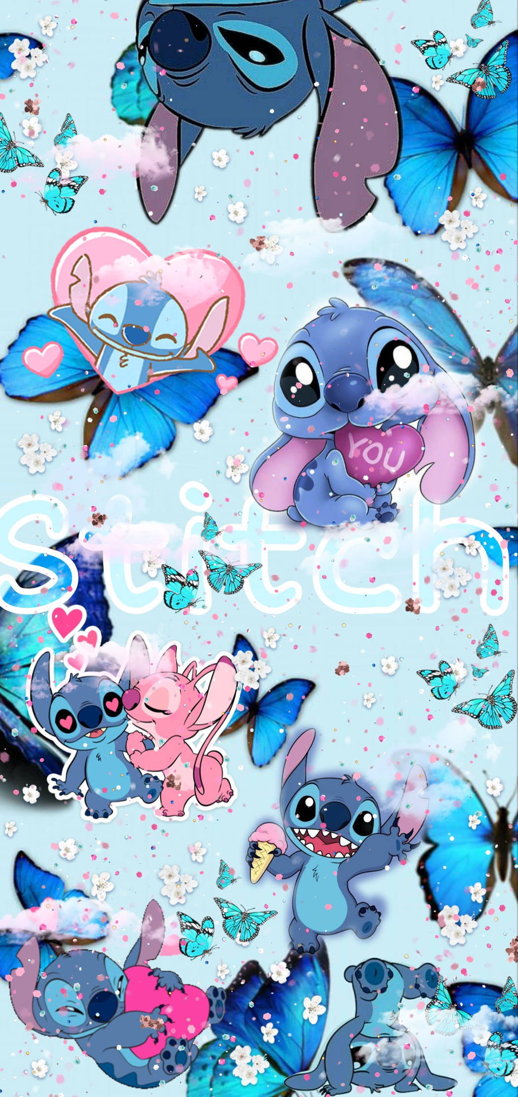 Stitch, blue alien, glowing butterflies, Full HD Phone Wallpaper