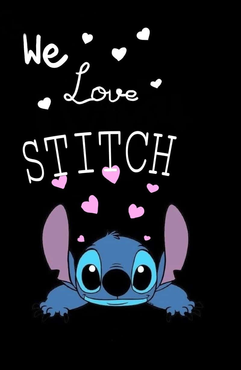 Stitch, blue cartoon character, pink hearts, SD Phone Wallpaper