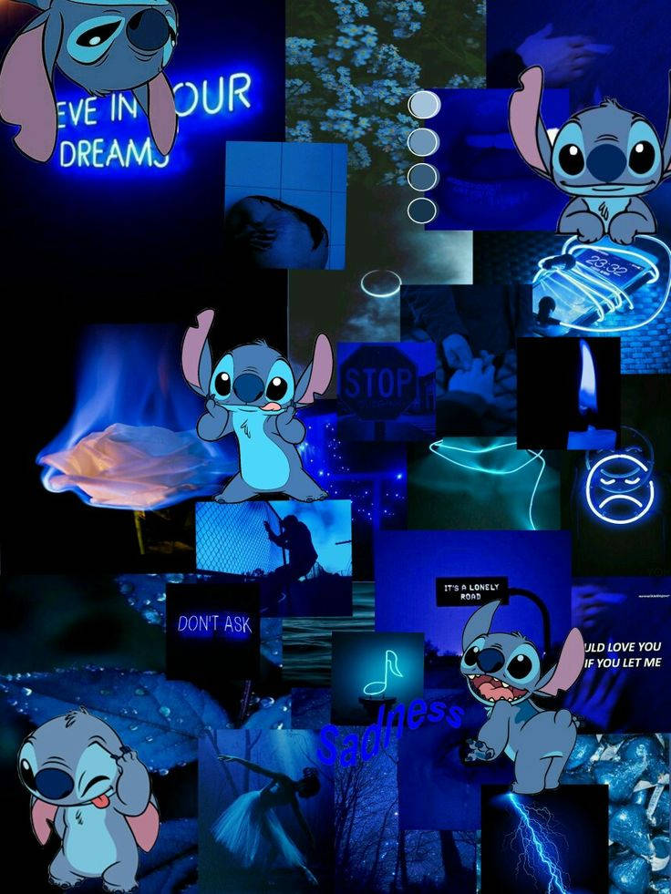 Neon Dark Blue Stitch Collage, Stitch, neon signs, SD Phone Wallpaper