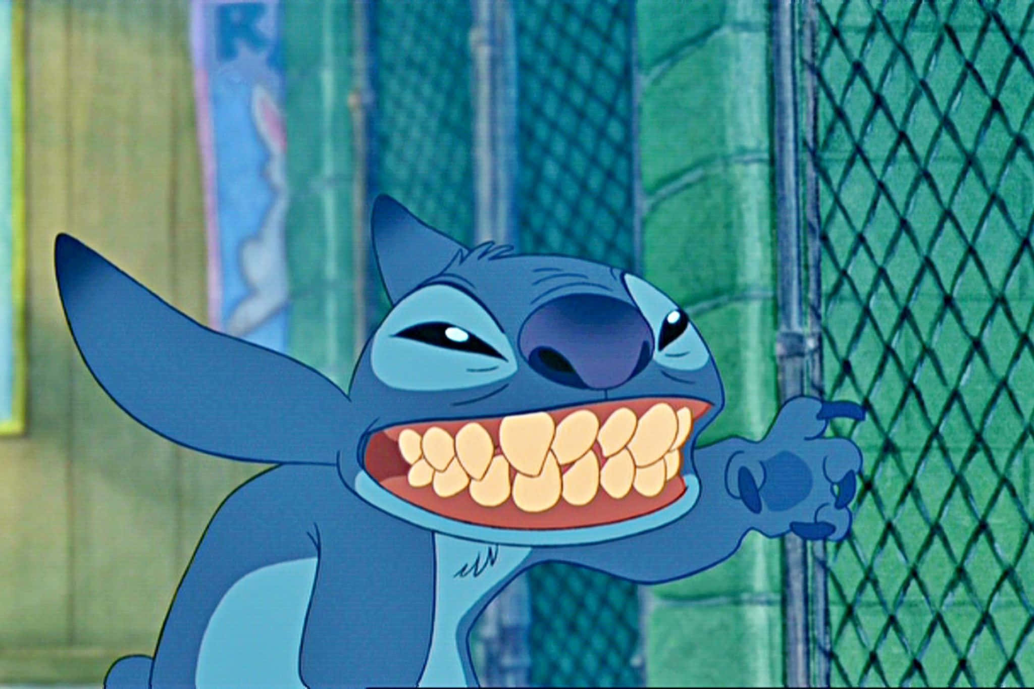 Stitch, blue cartoon alien, grins widely, Full HD Desktop Wallpaper