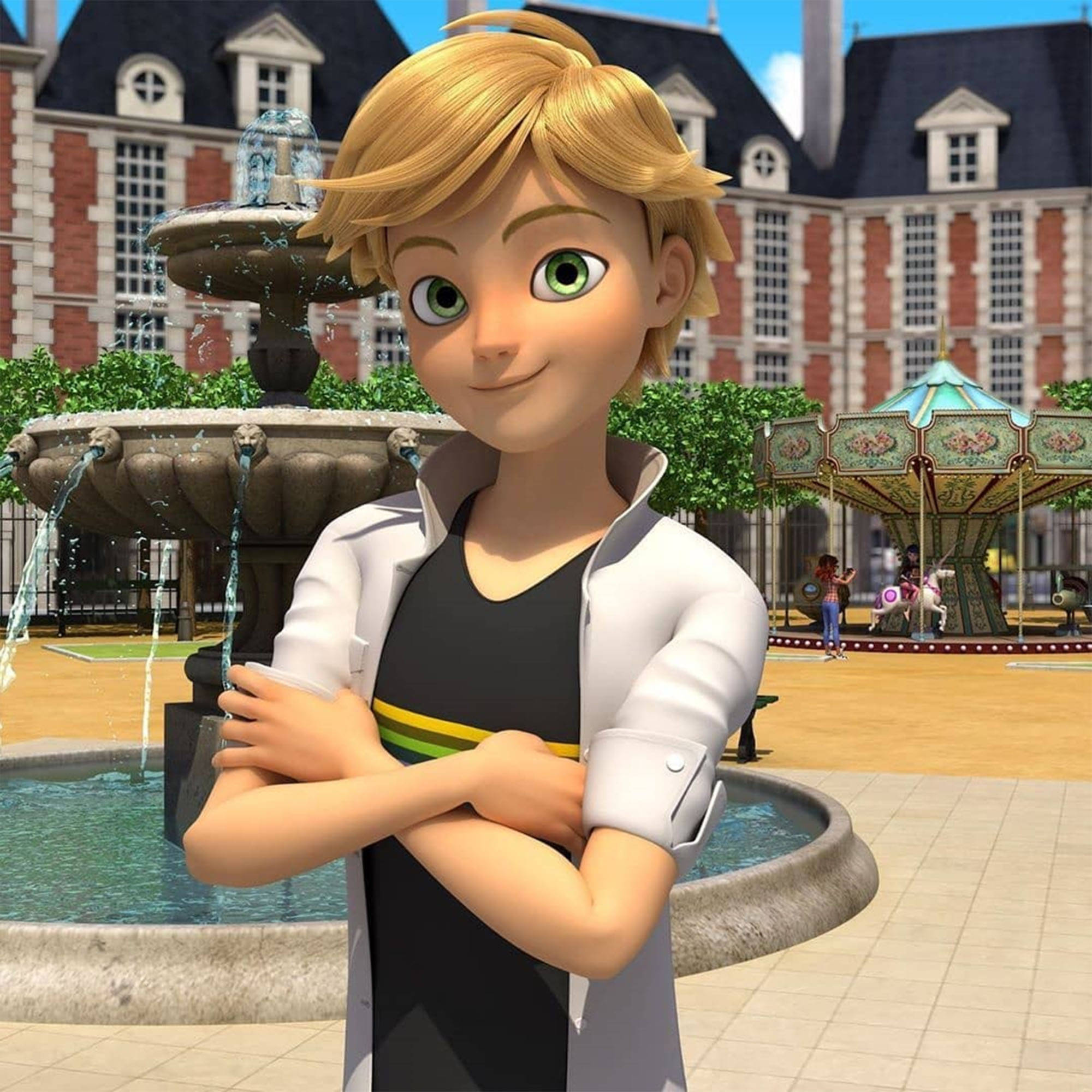 Adrien Agreste, fountain, sunny European plaza, Full HD Desktop Wallpaper