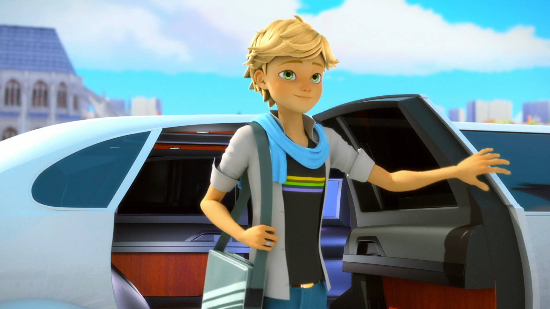 Adrien Agreste, blue scarf, sleek white car, Full HD Desktop Wallpaper