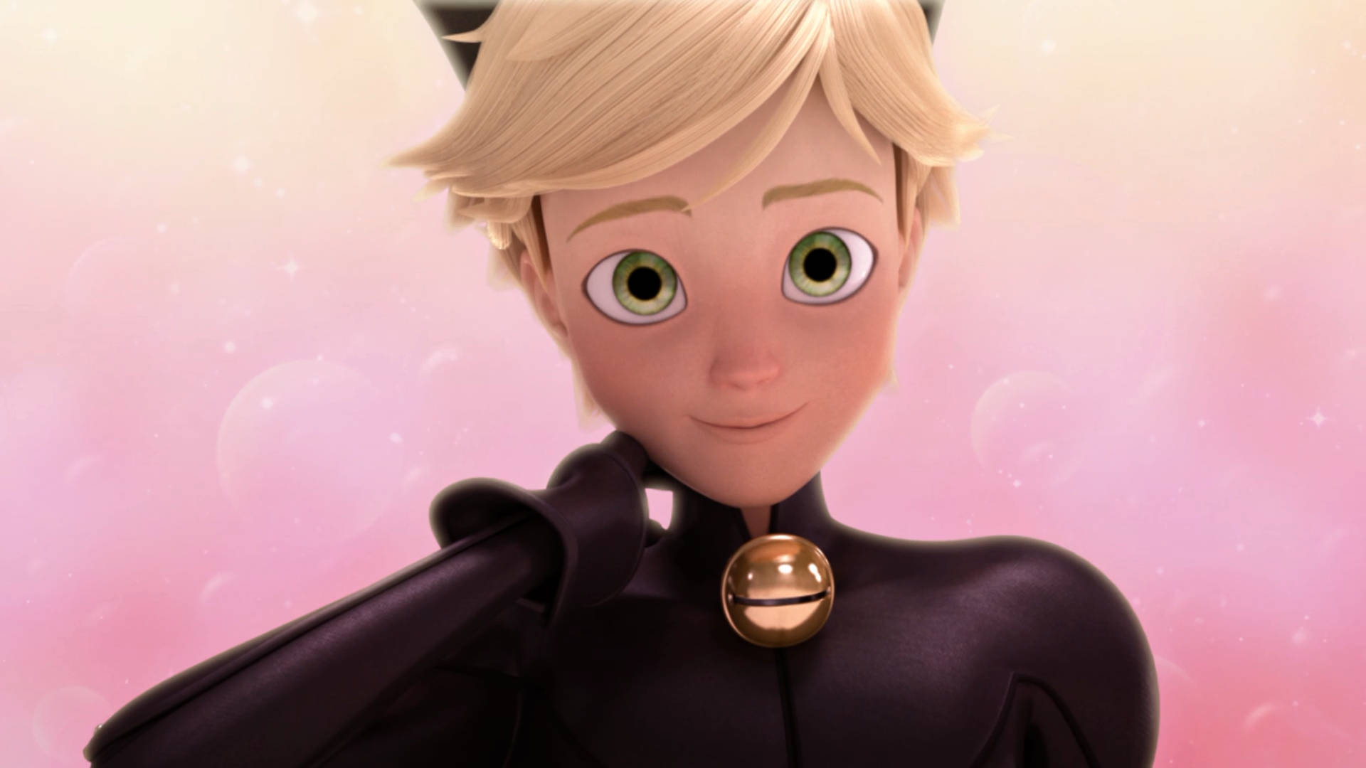 Adrien Agreste, pink bubbles background, black cat-themed outfit, Full HD Desktop Wallpaper