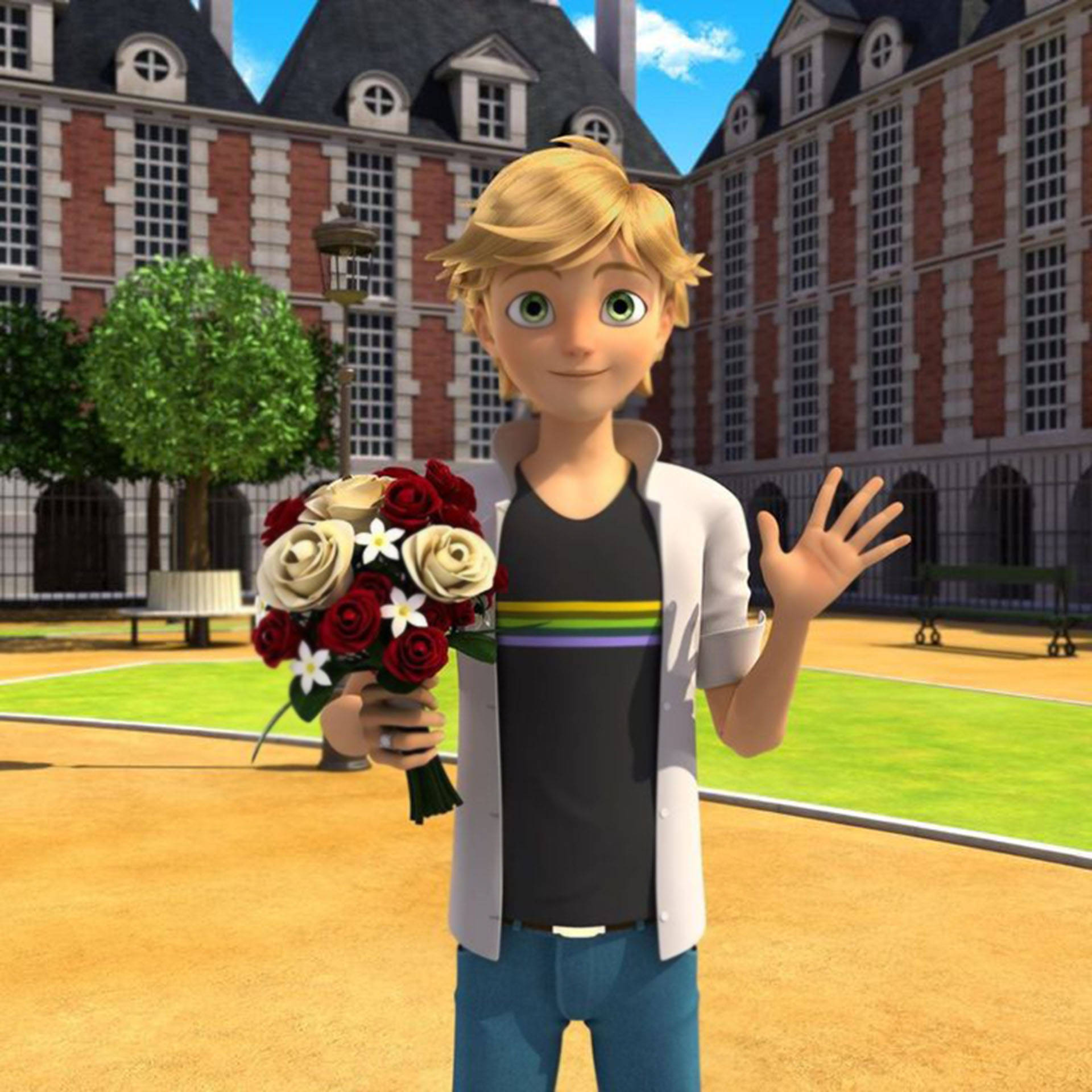 Adrien Agreste, bouquet of red white and cream roses, sunny courtyard, Full HD Desktop Wallpaper