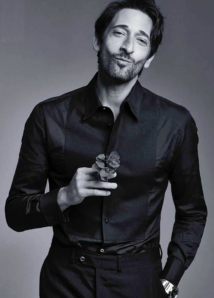 Adrien Brody, black shirt, small flower, SD Phone Wallpaper