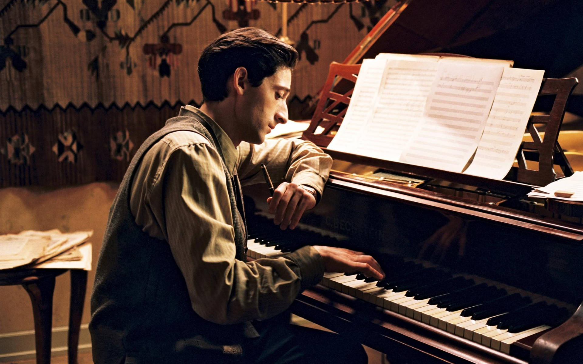 Adrien Brody, grand piano, sheet music, Full HD Desktop Wallpaper