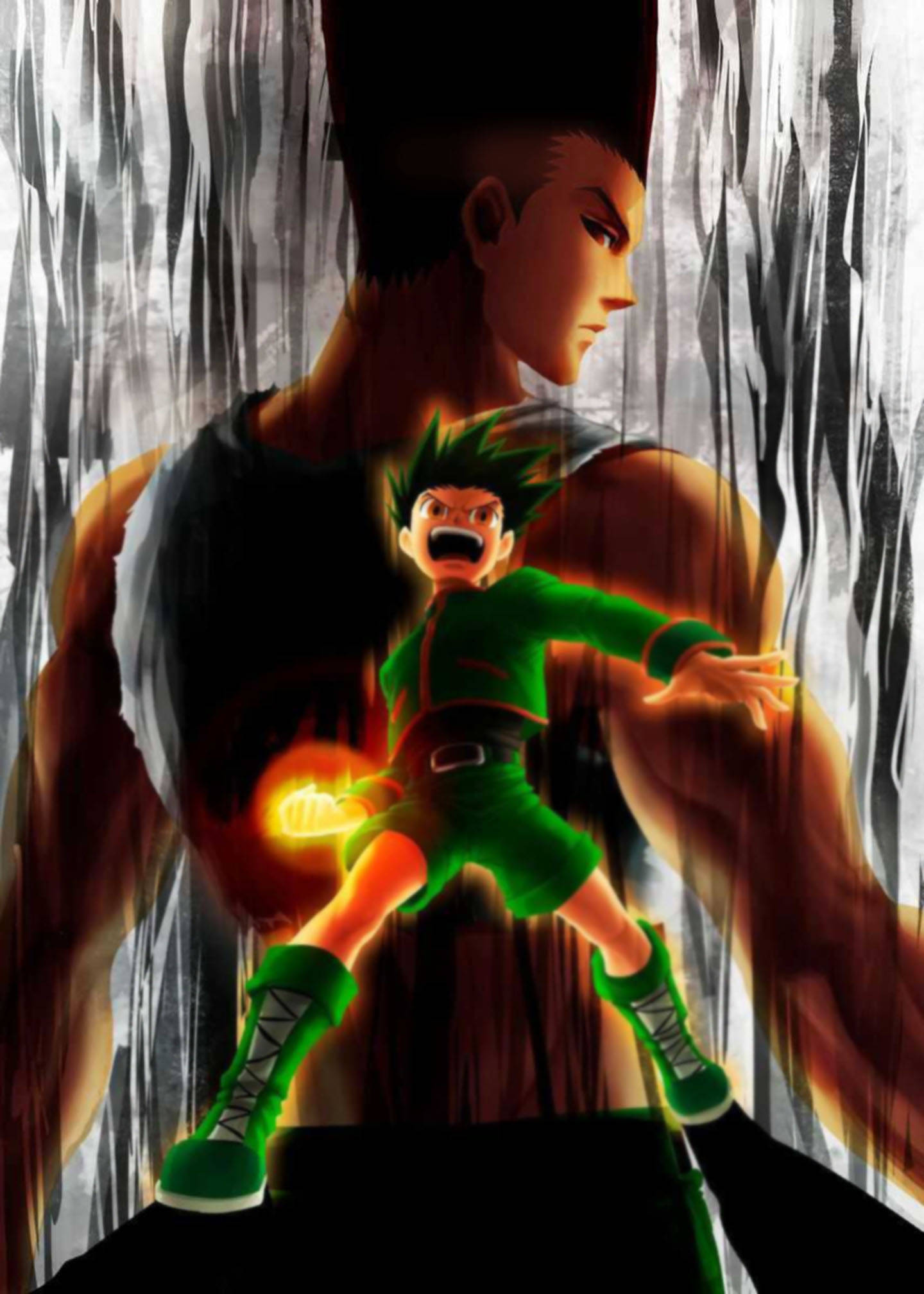 Adult Gon, green-clad anime boy, glowing hands, Full HD Phone Wallpaper