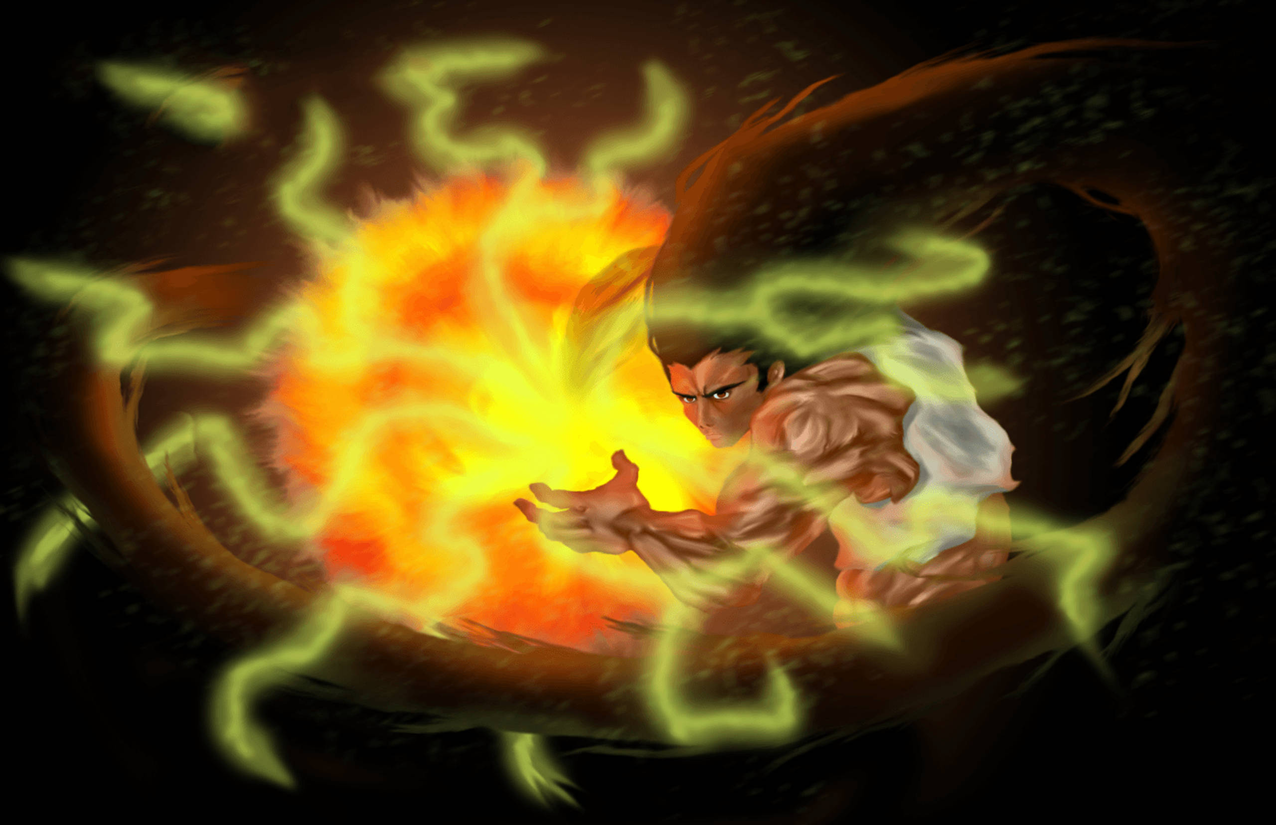 Adult Gon, fiery energy, glowing green tendrils, 2K Desktop Wallpaper