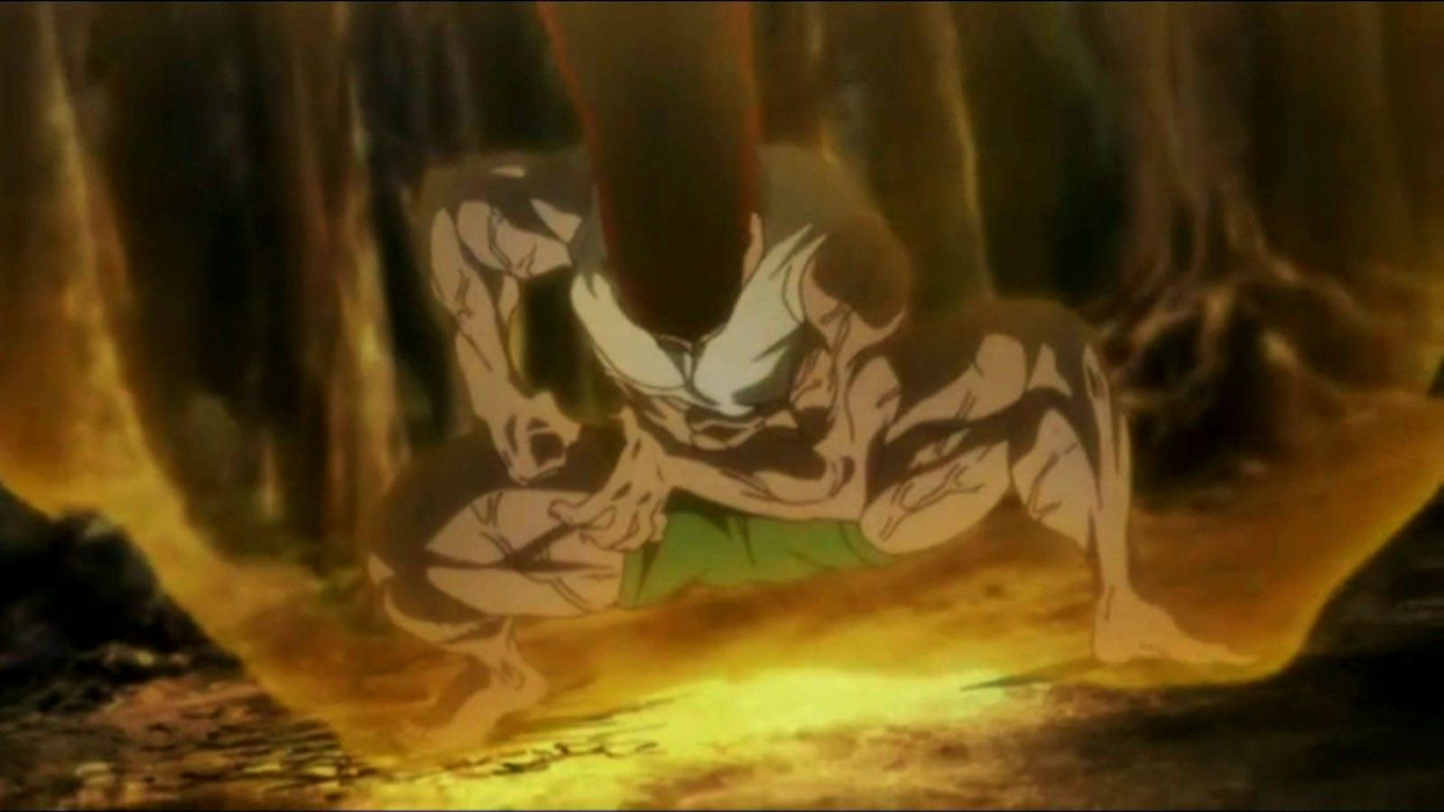 Adult Gon, fiery golden aura, dark twisted trees, HD Desktop Wallpaper